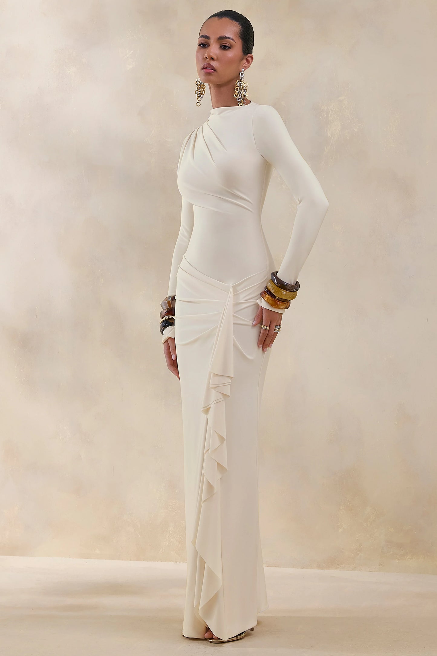 Karessa Cream High-Neck Maxi Dress With Gathered Detailing And Front-High Split