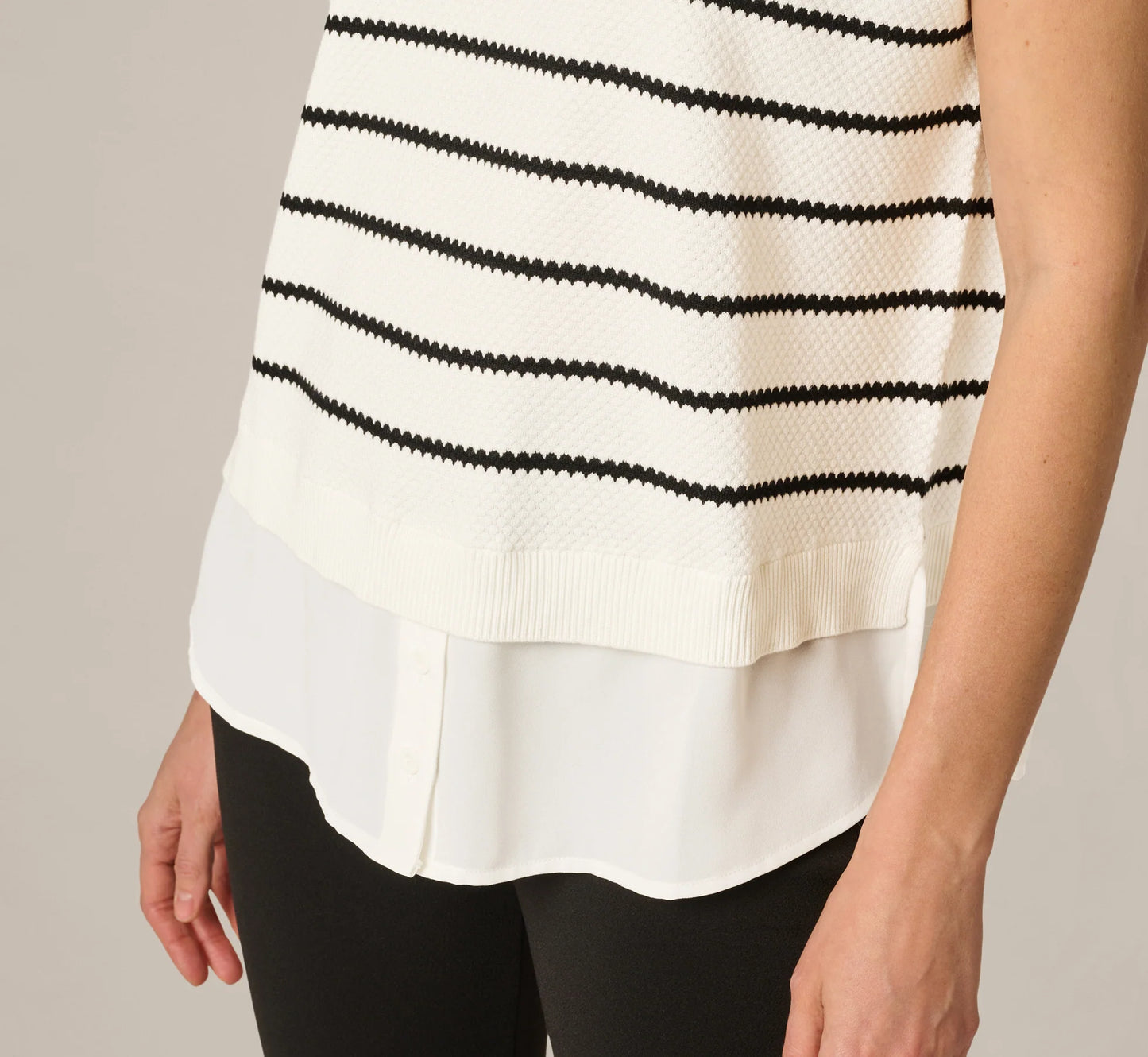 Short Sleeve Drop Shoulder Twofer Sweater In Ivory Black W  Ivory