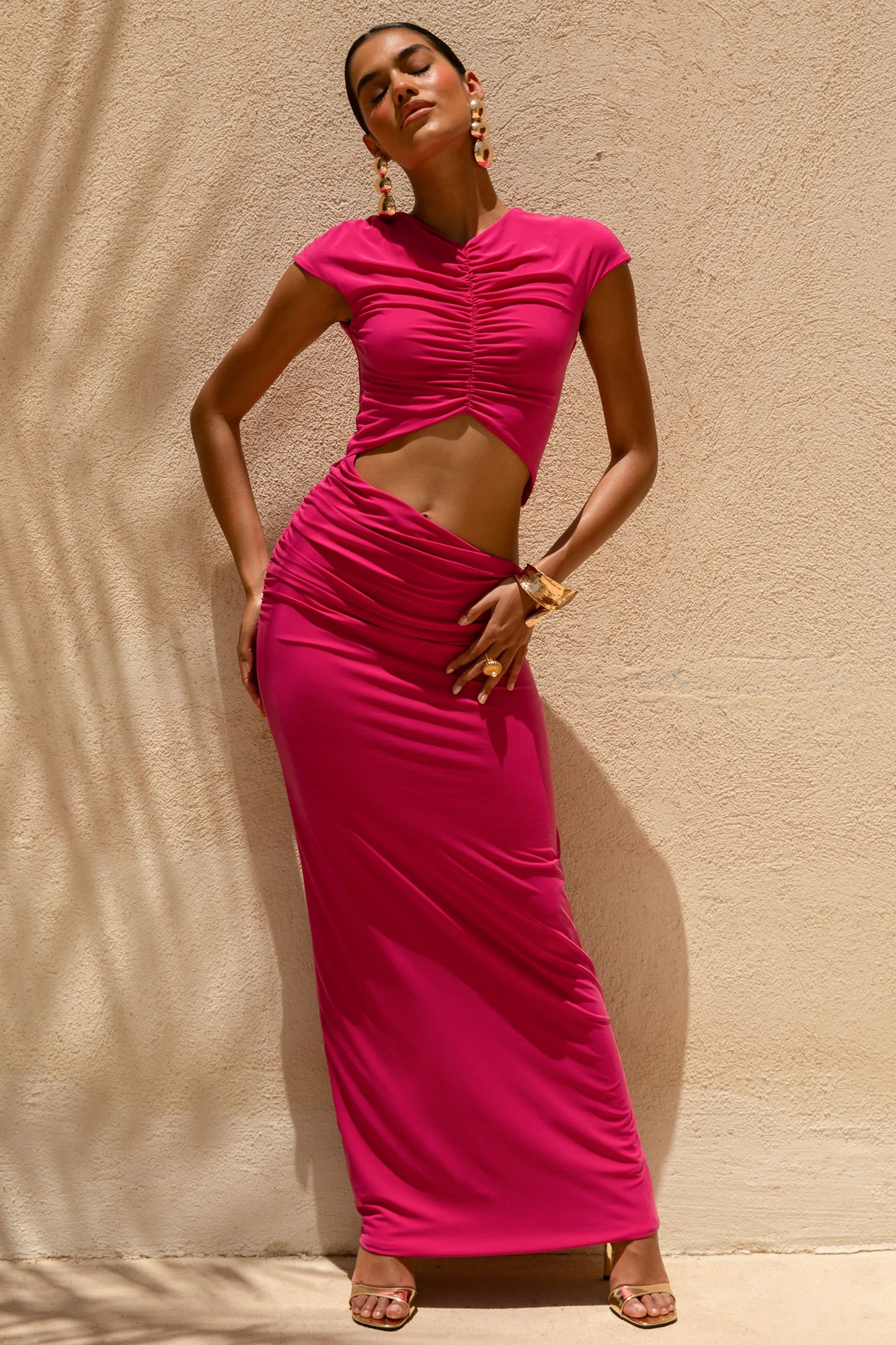 Pia Hot Pink Short-Sleeve Maxi Dress With Cut-Out