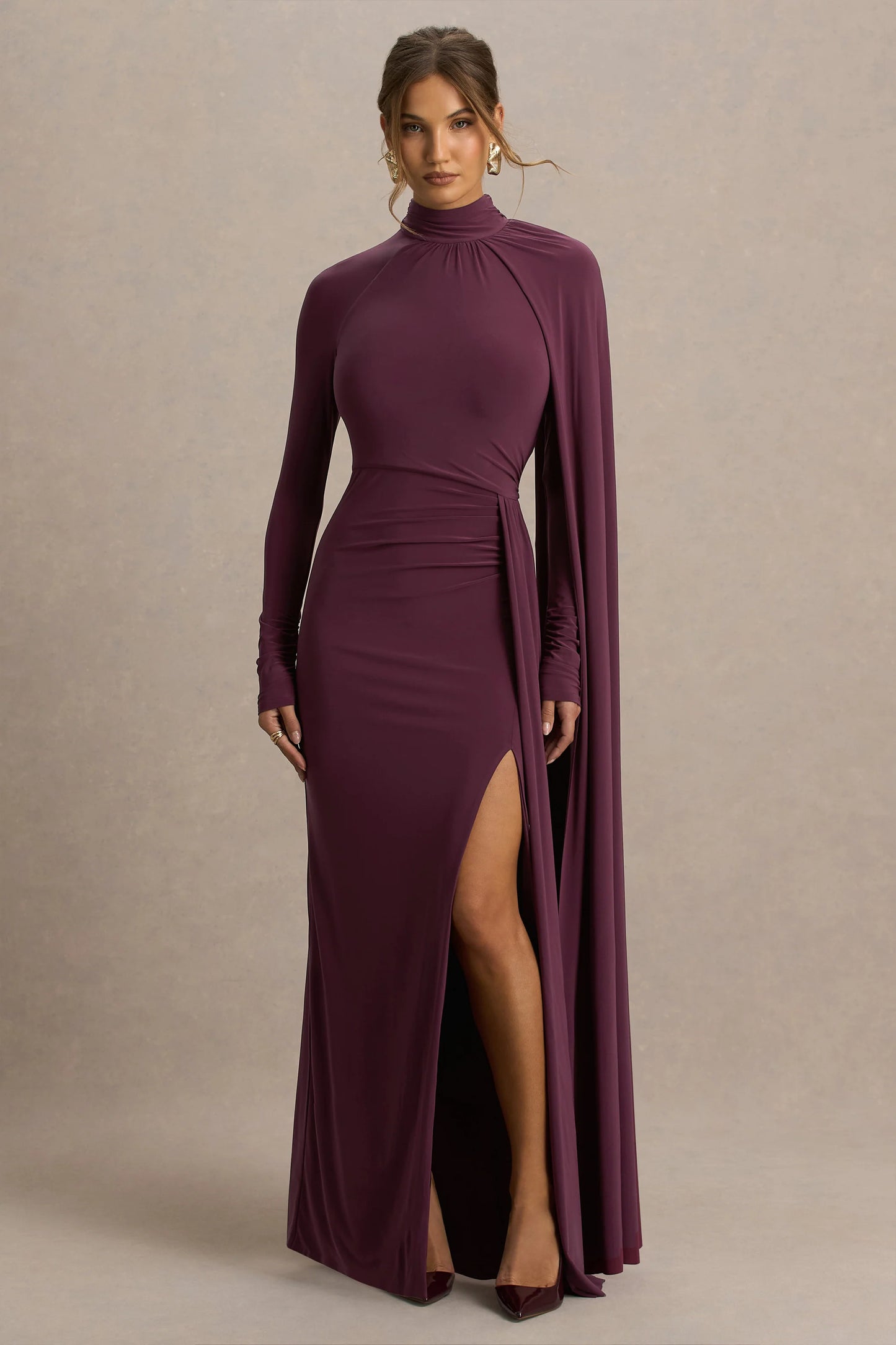 Anticipation Burgundy High-Neck Maxi Dress With Front Split And Ruched Detailing