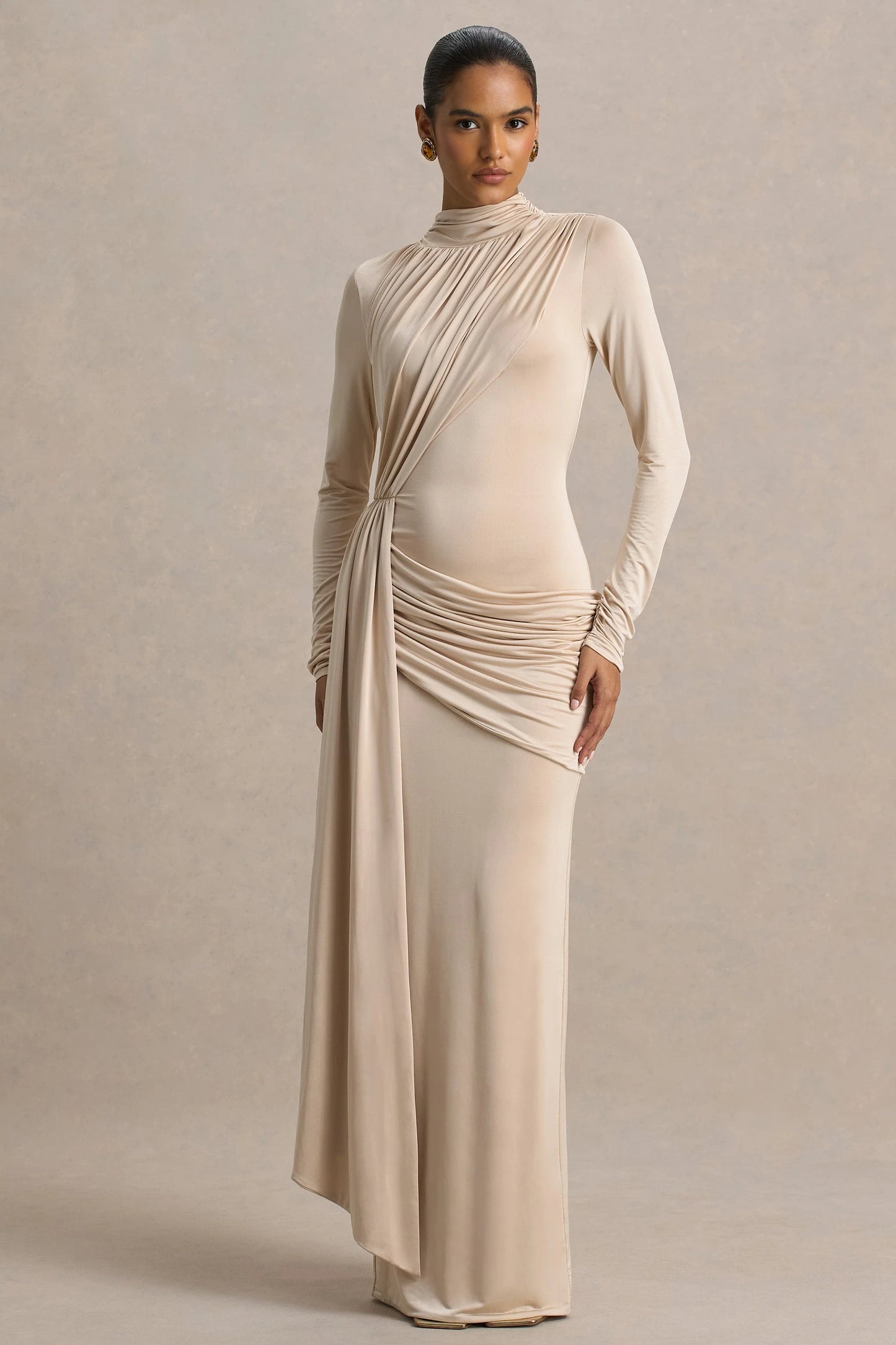 Romi Champagne High-Neck Maxi Dress With Ruched Detailing