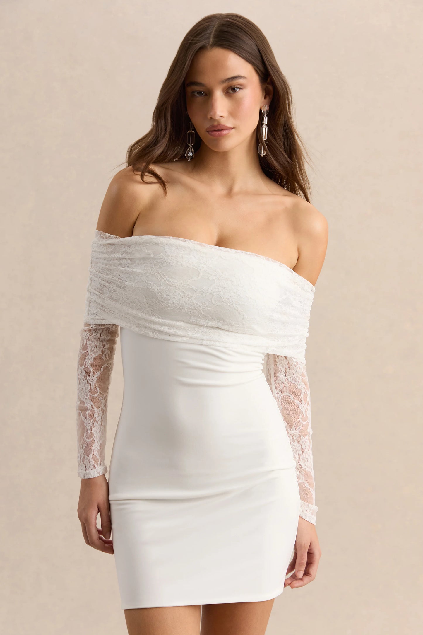 Incantelle White Bardot-Neck Mini Dress