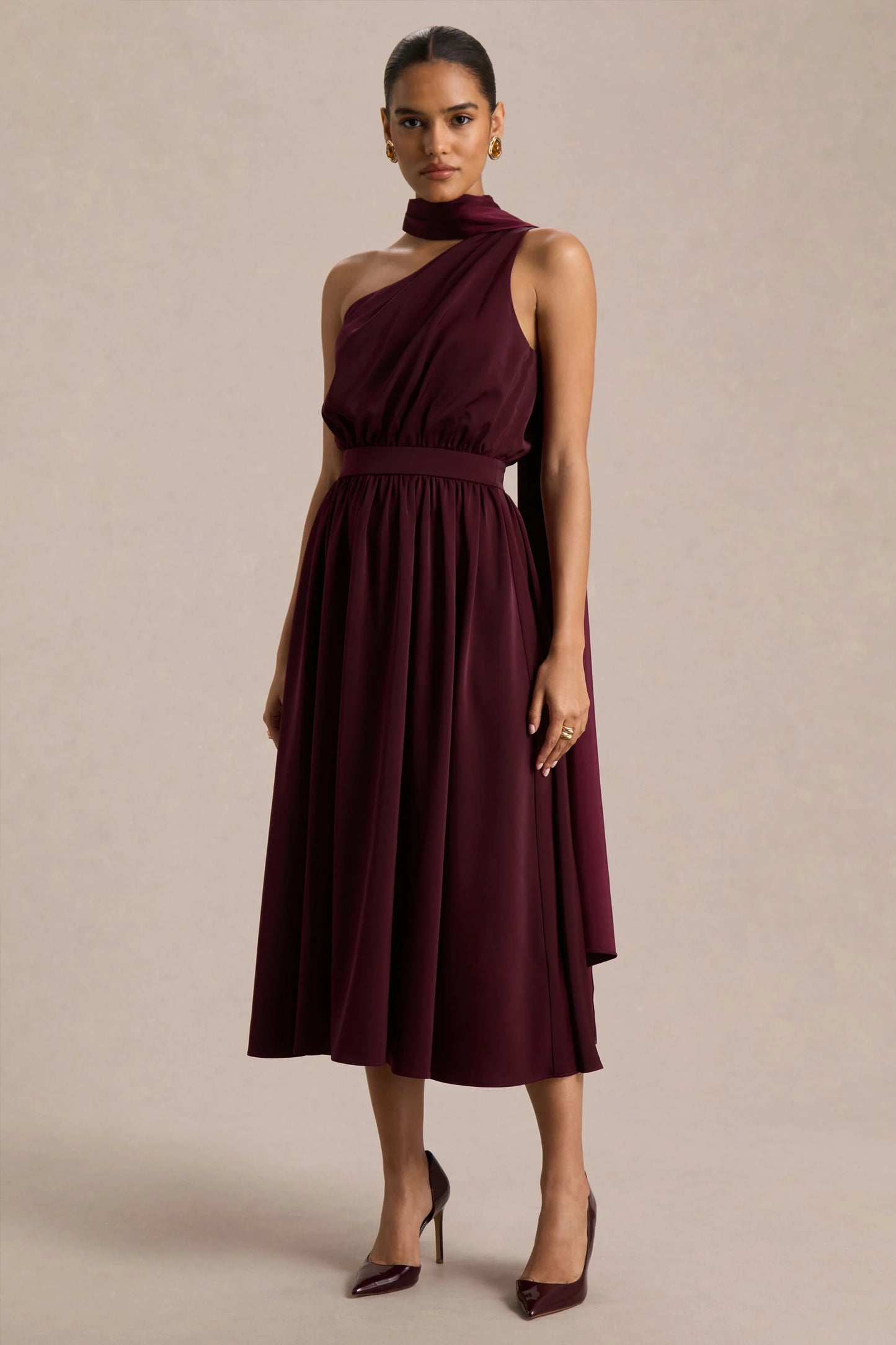 Caluna Burgundy Satin Asymmetric-Neck Midi Dress With Scarf-Detail