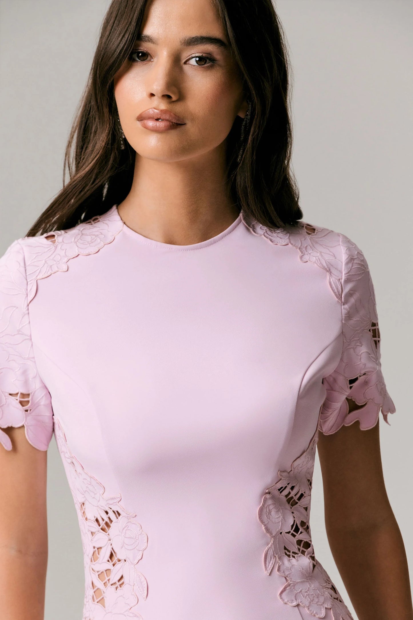 So Sweet Pink Crew-Neck Midi Dress With Cut-Out Embroidered Detailing