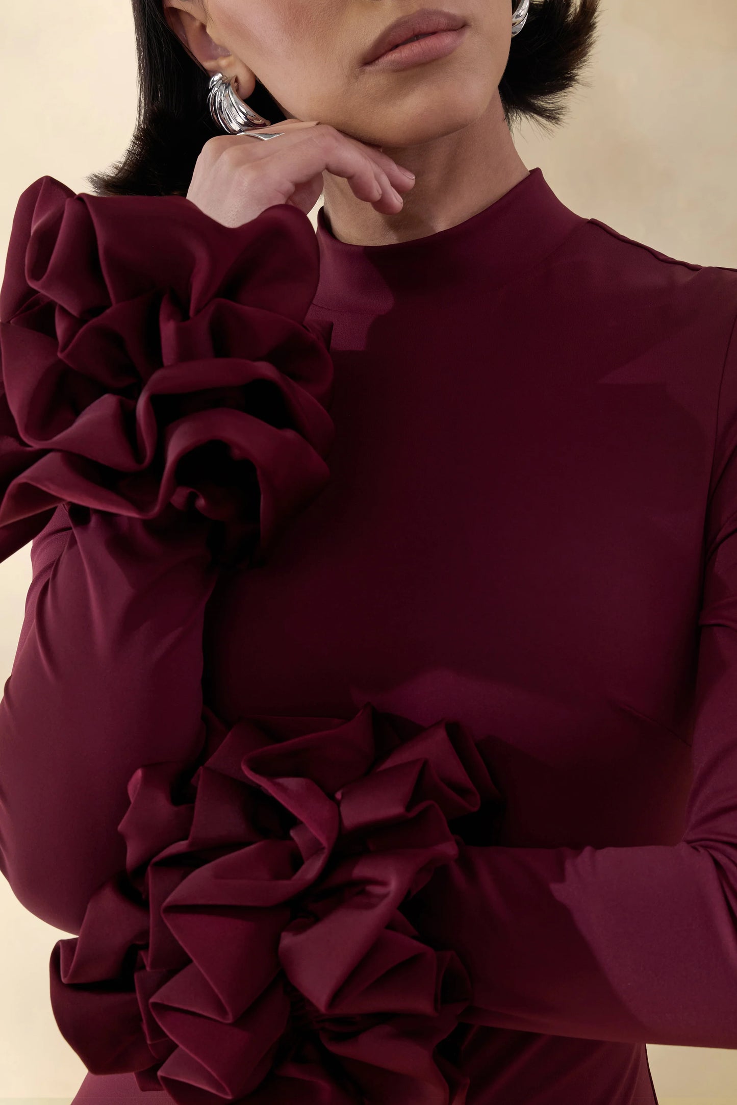 Jaselle Dark Plum High-Neck Maxi Dress With Ruffled Satin-Cuffs