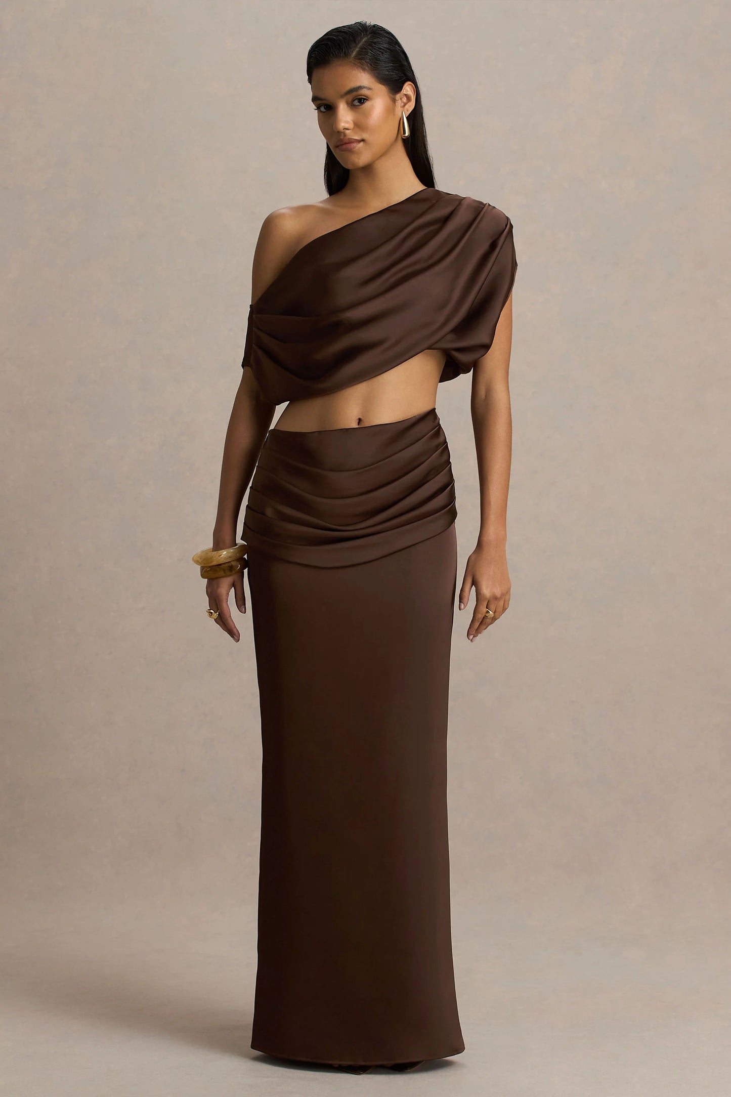 Megan Brown Satin Wrap Maxi-Skirt With Gathered Detailing