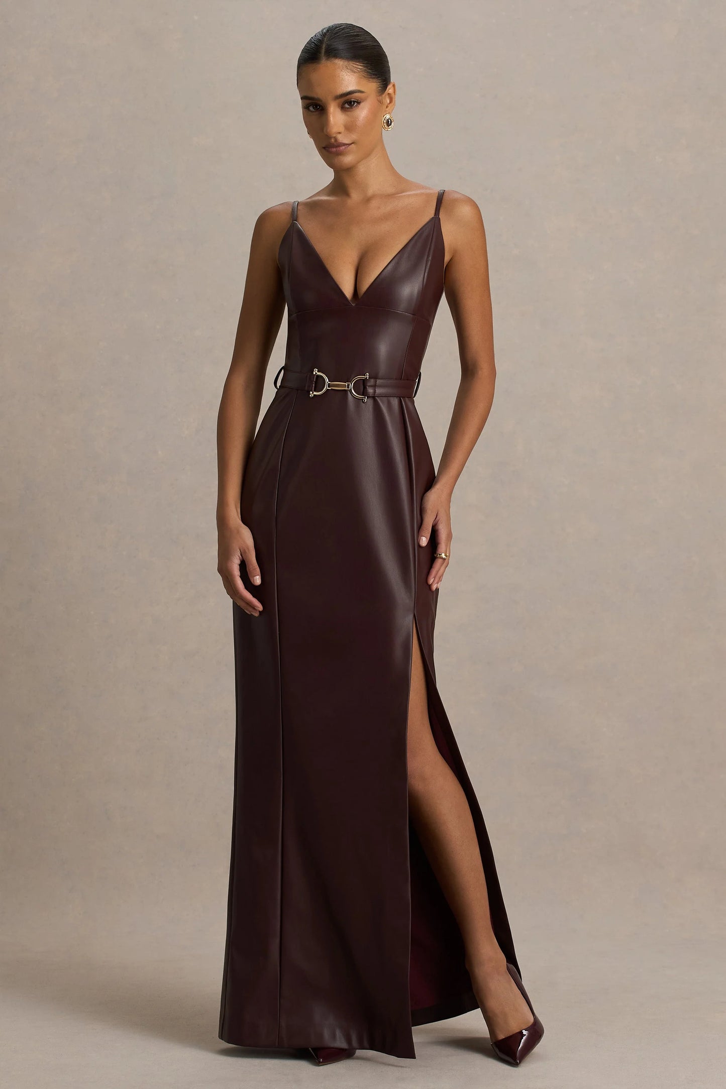 Lila Burgundy Faux Leather Plunge-Neck Maxi Dress With Split