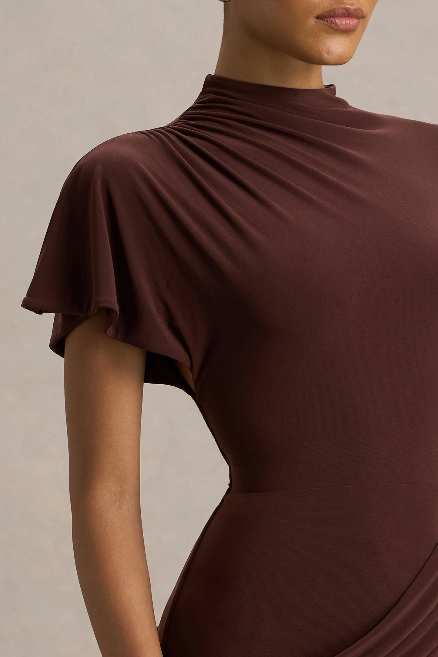Tropic Brown High-Neck Maxi With Long Cape Sleeve