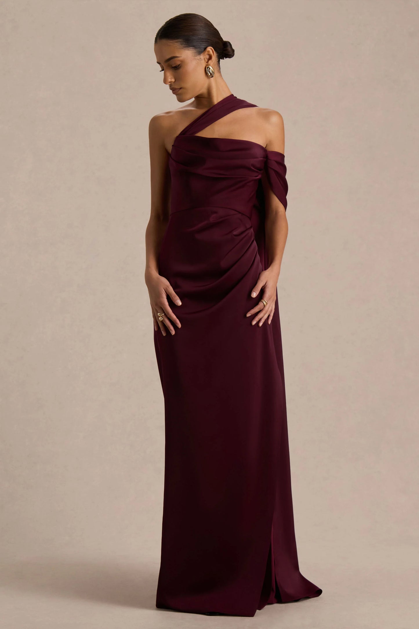 Yazmin Burgundy Satin Asymmetric Maxi Dress With One-Sleeve Cape