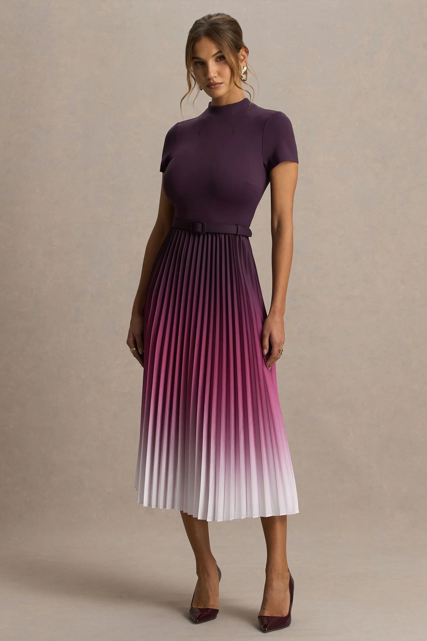 Libby Burgundy Ombre Woven High-Neck Midi Dress With Pleated Detailing