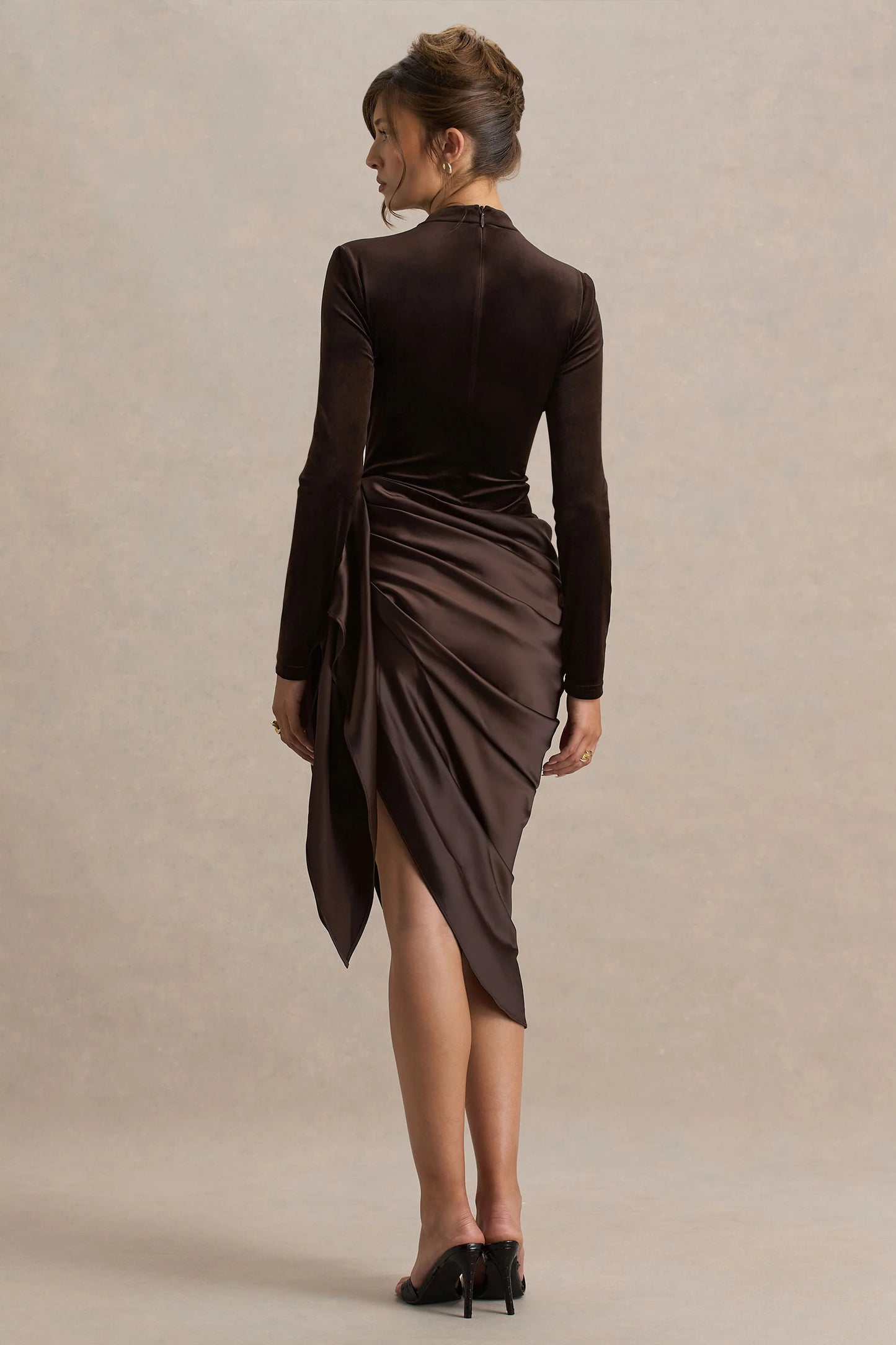 Sasha Brown Satin And Velvet Midi Dress With Wrap-Detail