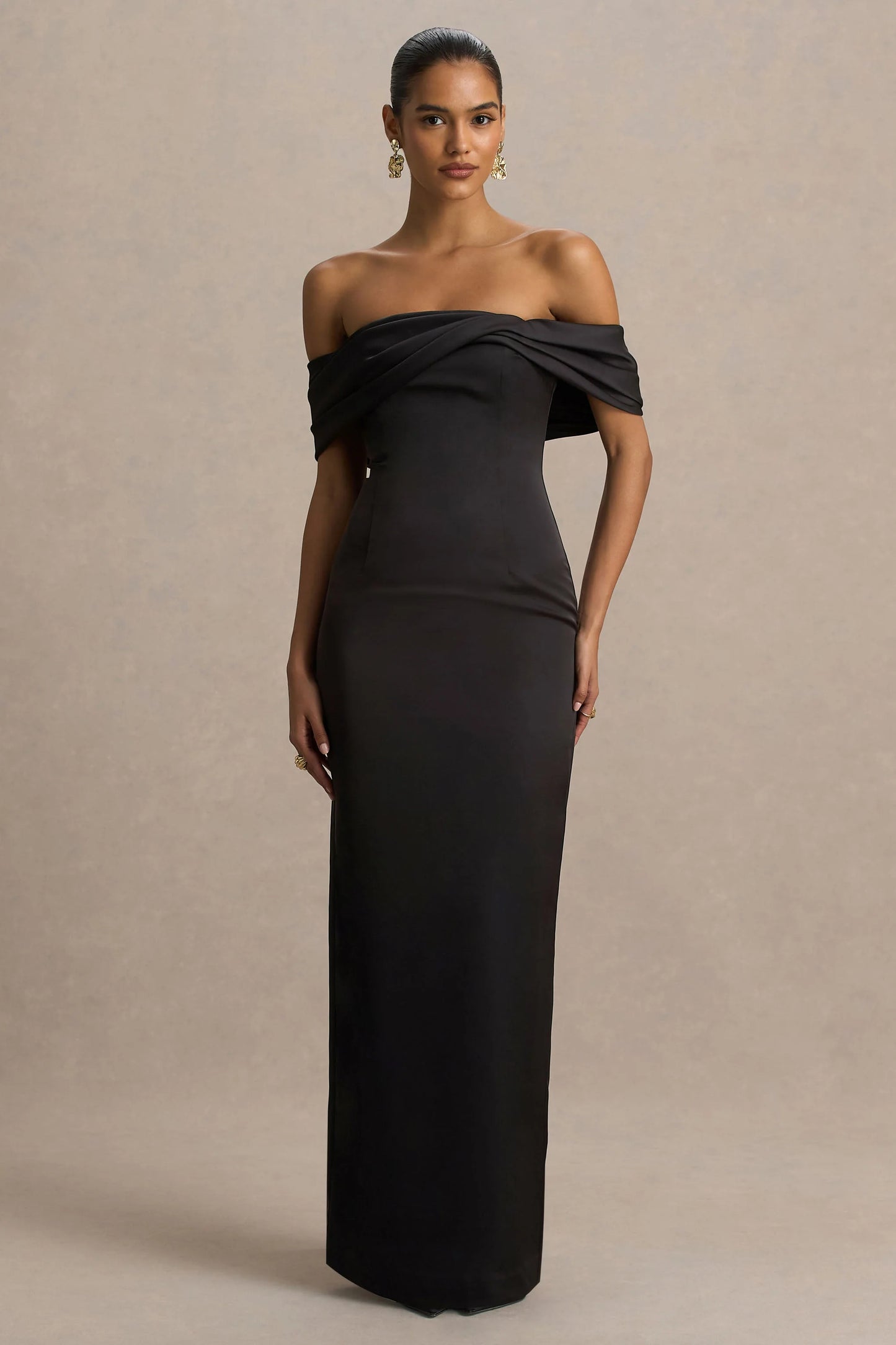 Valeria Black Satin Twist-Bardot Neck Maxi Dress