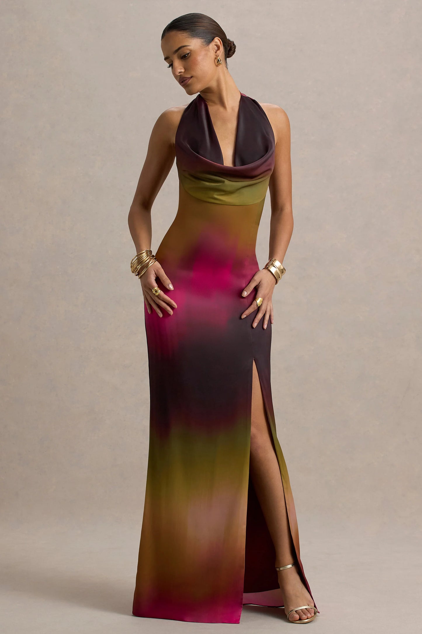 Fiorella Ombre Print Cowl-Neck Split Maxi Dress