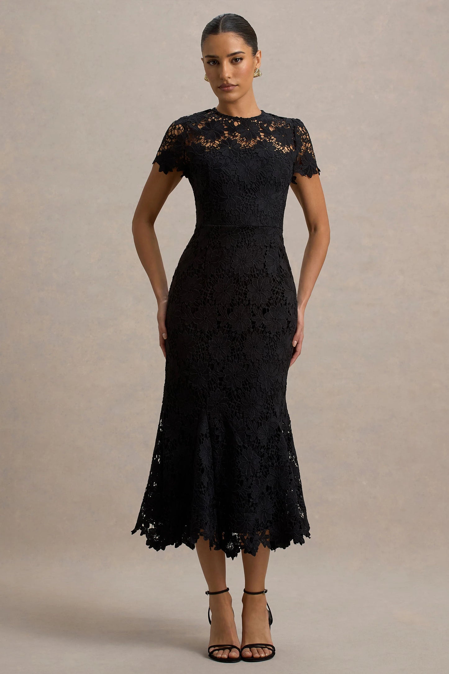 Clarissa Black Lace Short-Sleeve Midi Dress