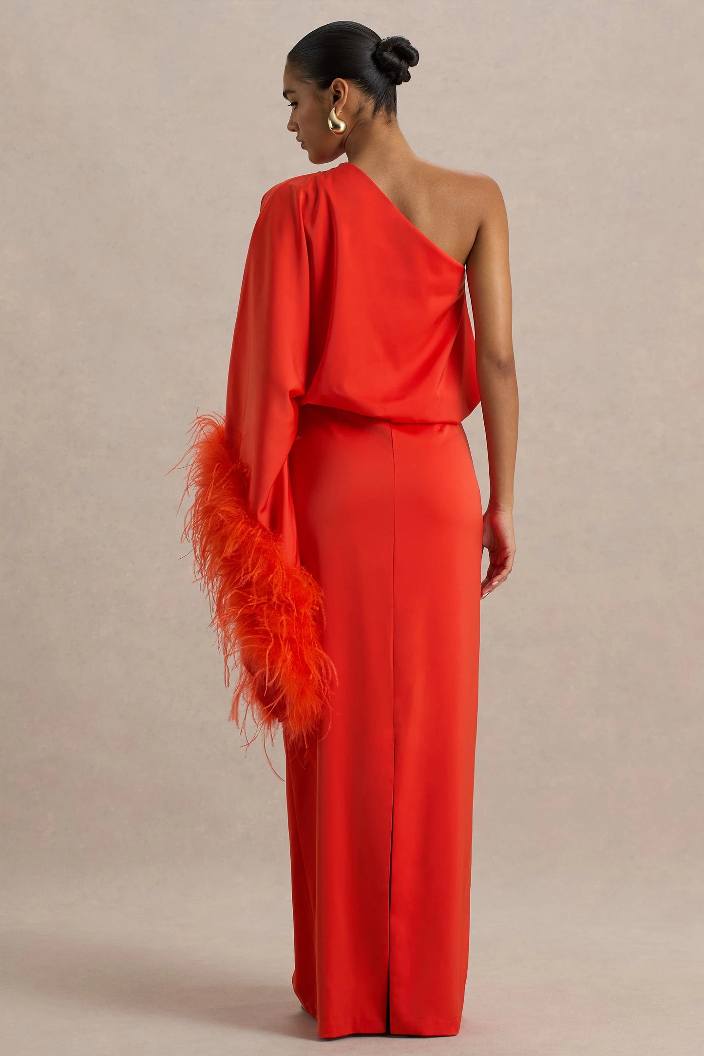 Felicity Orange Satin Asymmetric-Neck Maxi Dress With Feather Detailing