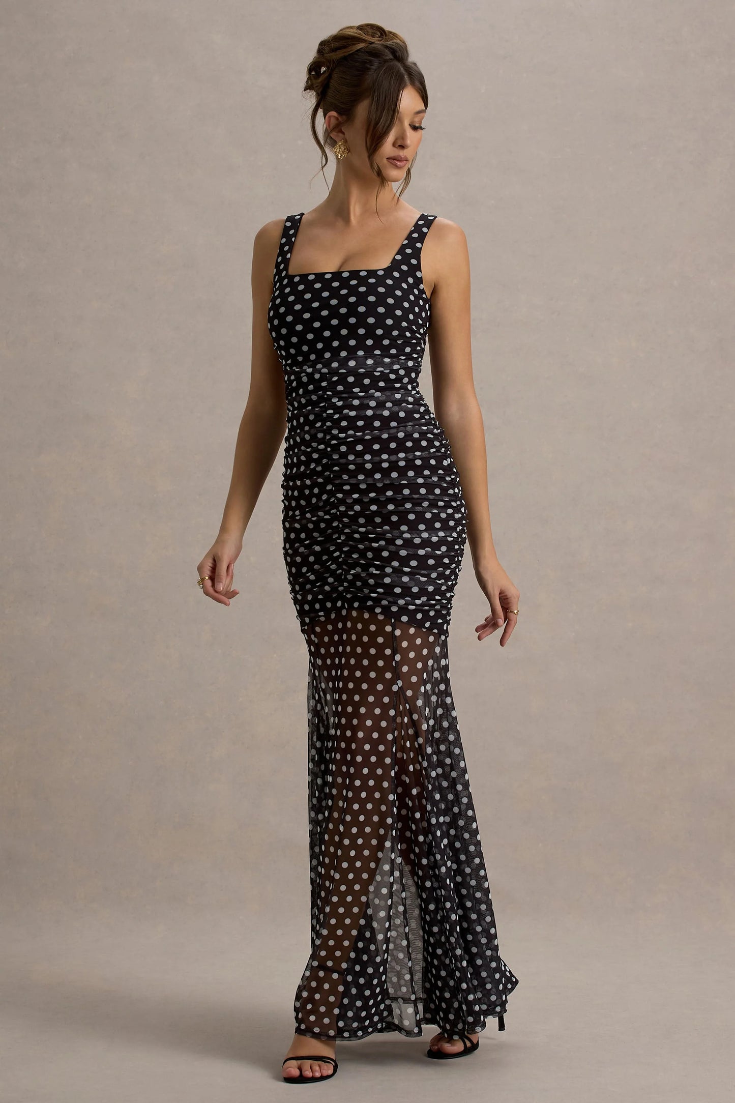 Galaxia Black & White Polka Dot Maxi Dress With Mesh Skirt
