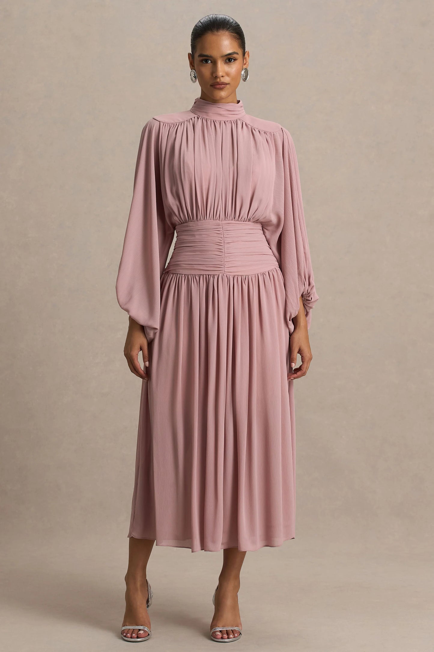 Annabel Dusty Pink High-Neck Midi Dress With Drop-Waist And Pleated Detailing