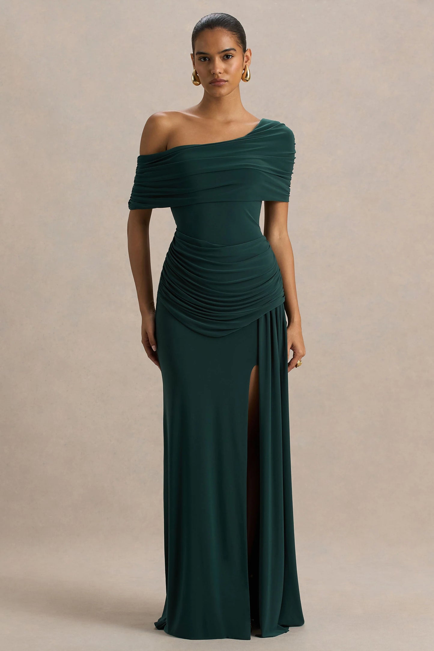 Dynasty Dark Green Asymmetric-Neck Maxi Dress With Ruched Detailing And Front High-Split