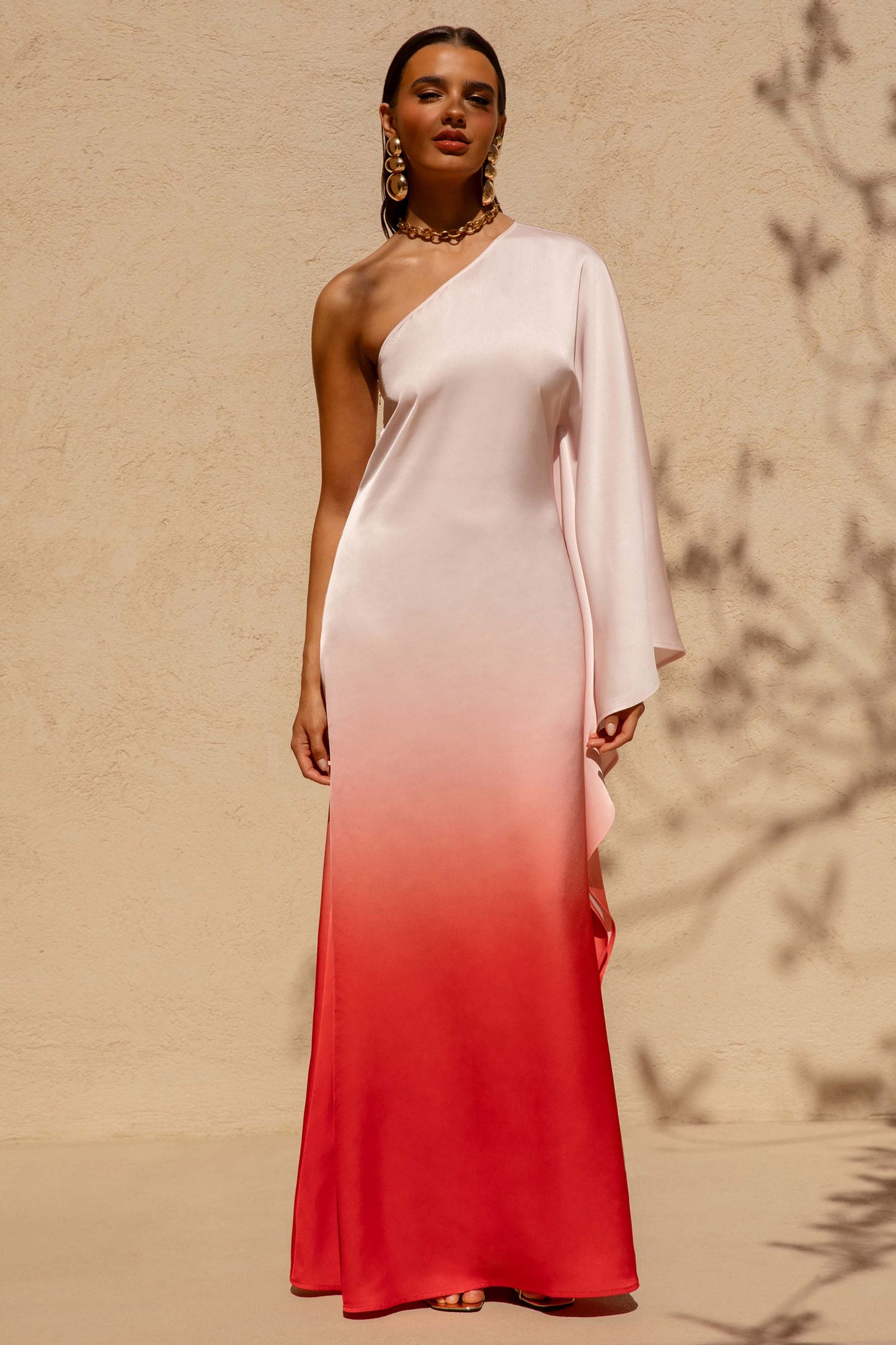 Jayla Red Ombre Satin Asymmetric Maxi Dress With Long-Sleeve
