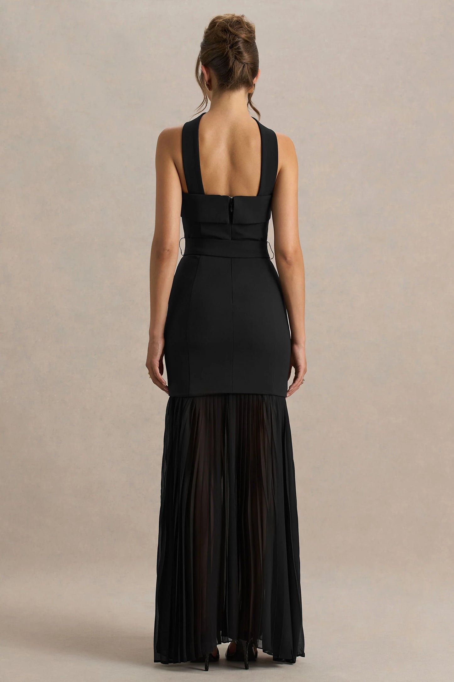 Jaquetta Black Belted Maxi Dress With Pleated Chiffon Skirt
