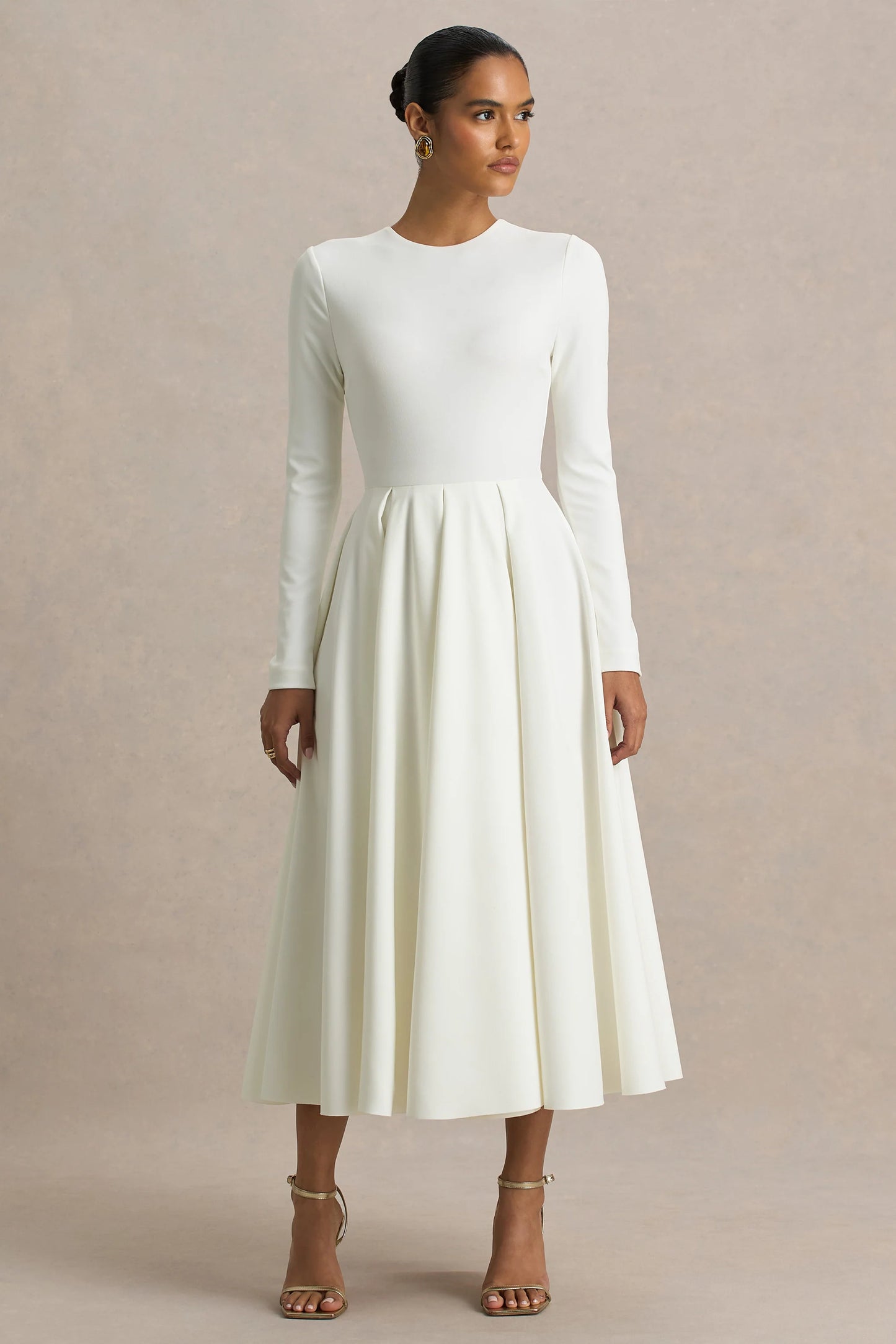 Bellamy Cream Crew-Neck Long Sleeve Midi Dress