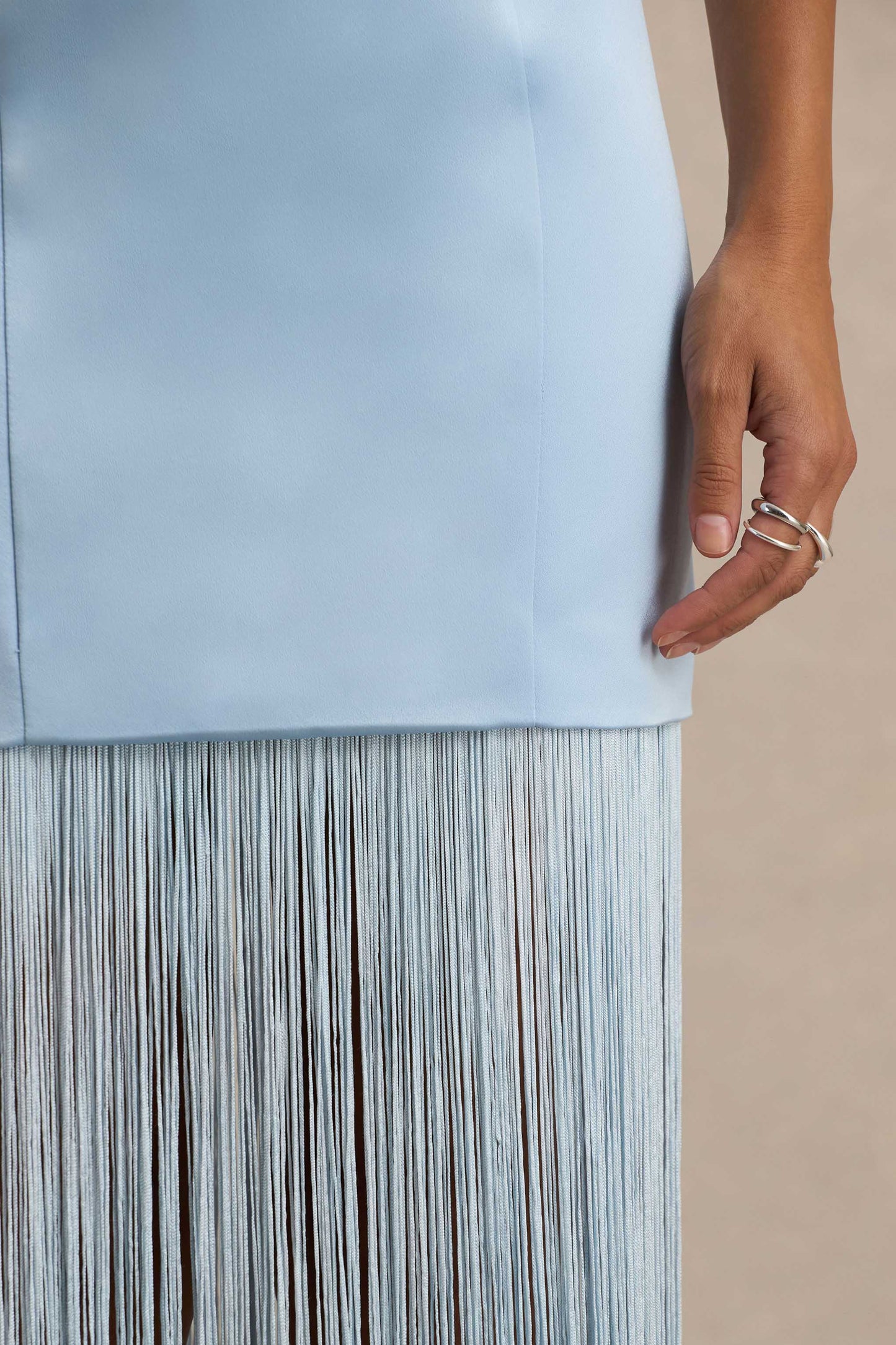 Trinity Powder Blue Satin Bandeau Maxi Dress With Fringe