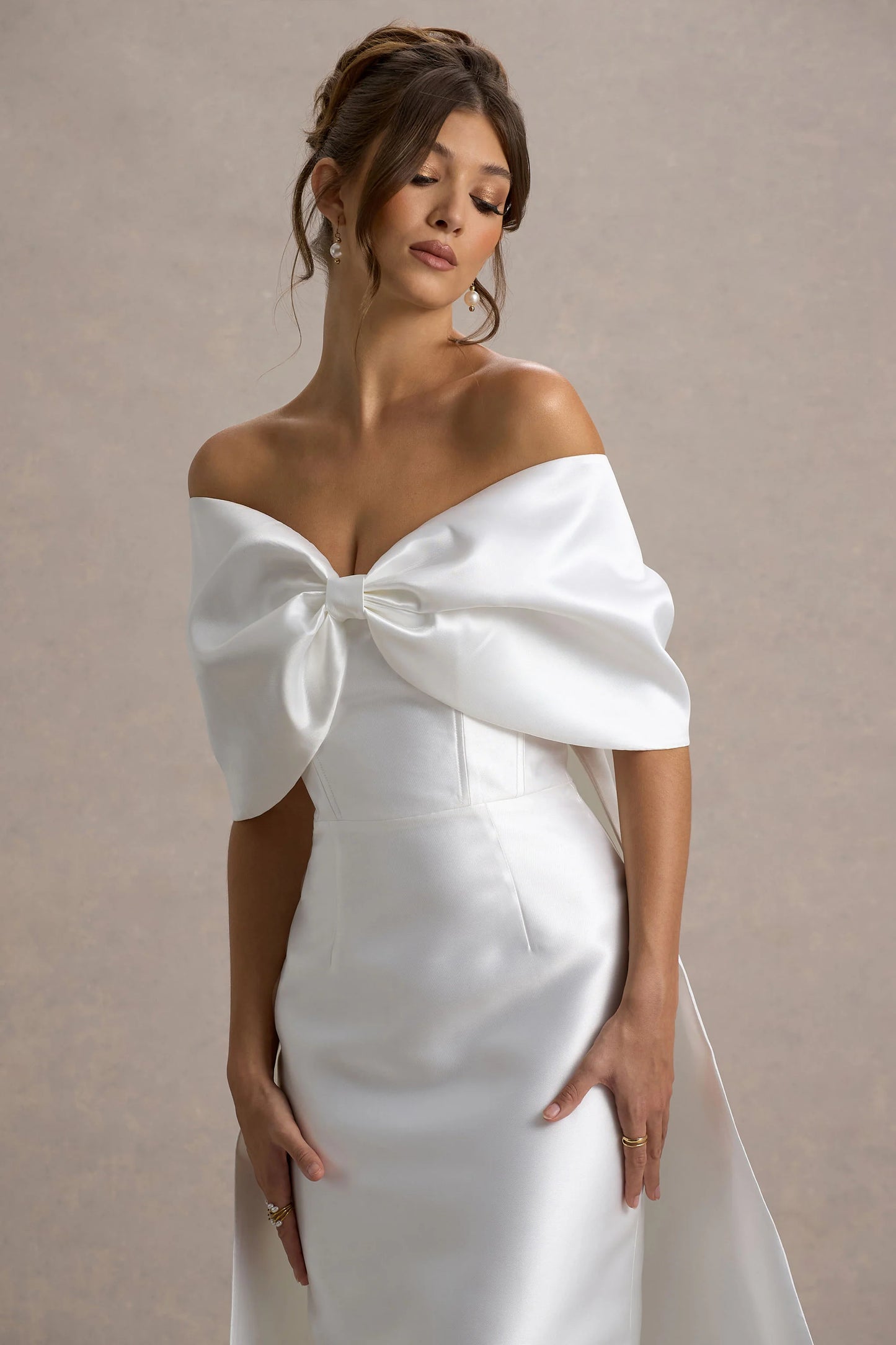 Wanting More Off White Satin Cape Maxi Dress With Oversized Bow