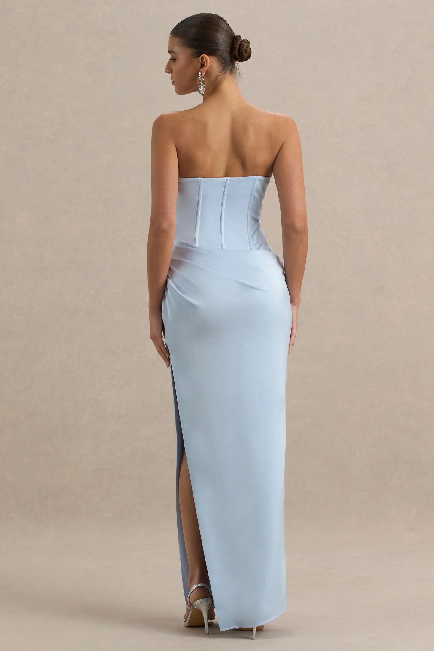 Joseline Powder Blue Satin Corset Wrap Maxi Dress With Scarf