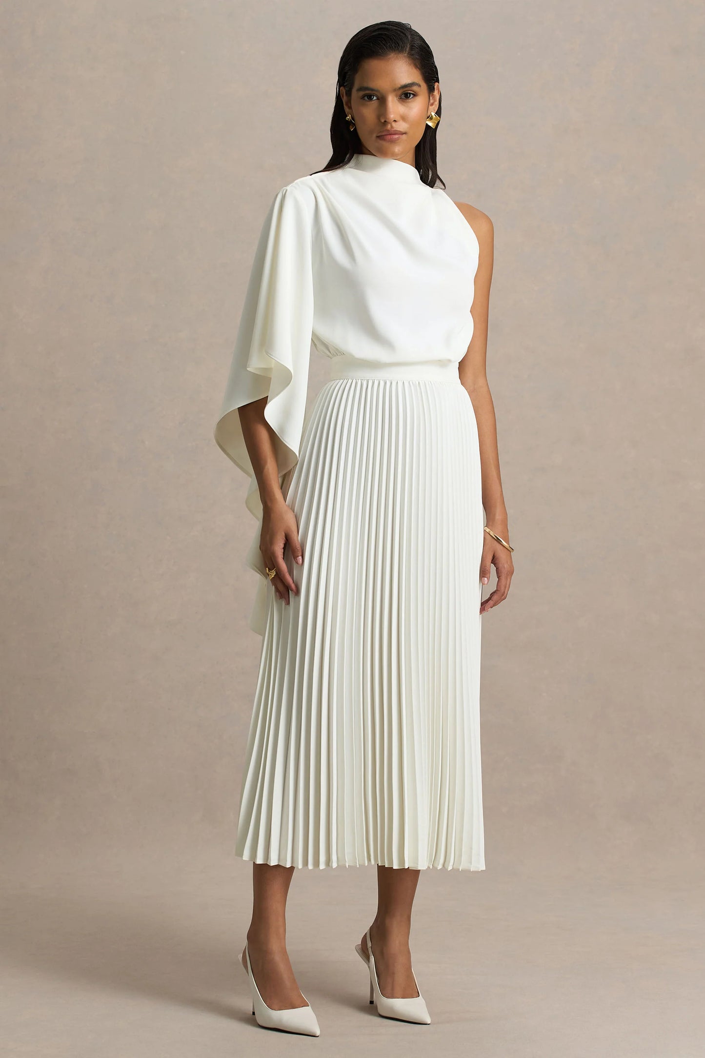 Jimena Cream High-Neck Midi Dress With One-Long Sleeve And Pleated Detailing