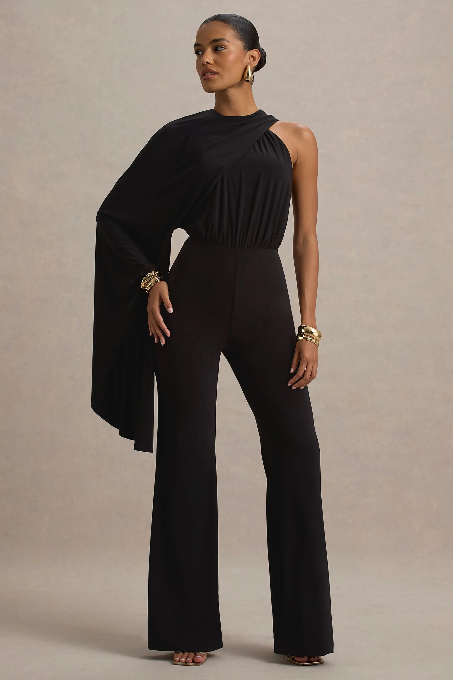 Asra Black High-Neck Flared-Leg Jumpsuit With Cape Sleeve