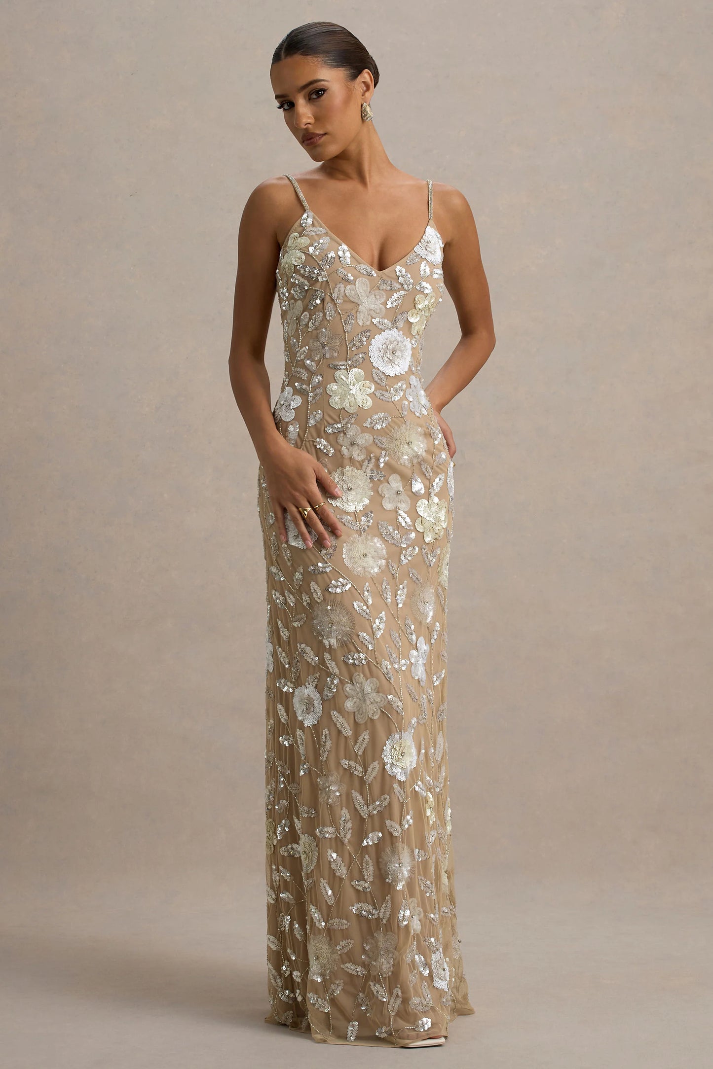 Gemini Floral Sequin Hand-Embellished Strappy Maxi Dress