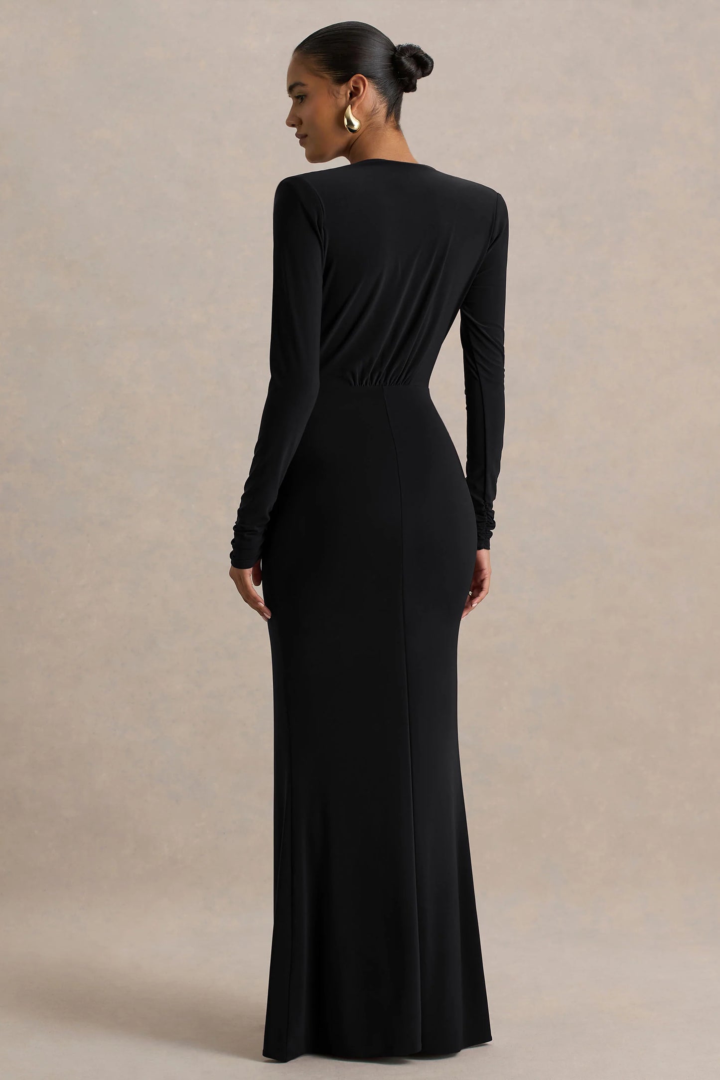 Flashy Black Plunge-Neck Maxi Dress With Ruched Detailing