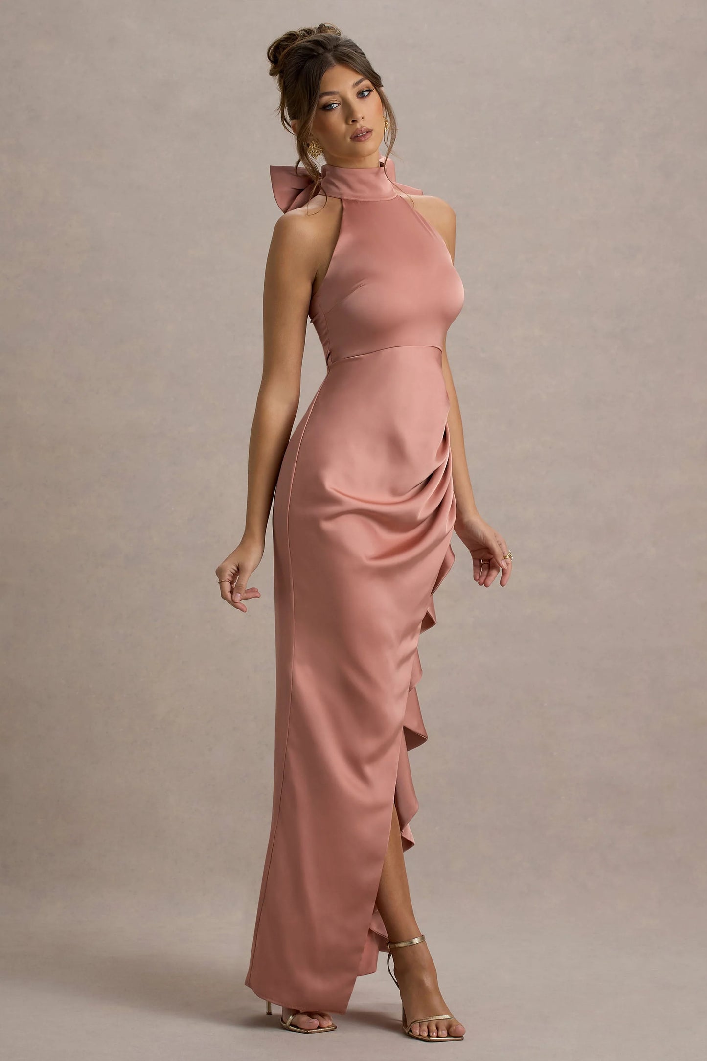 Maureen Pink Satin High-Neck Draped Maxi Dress
