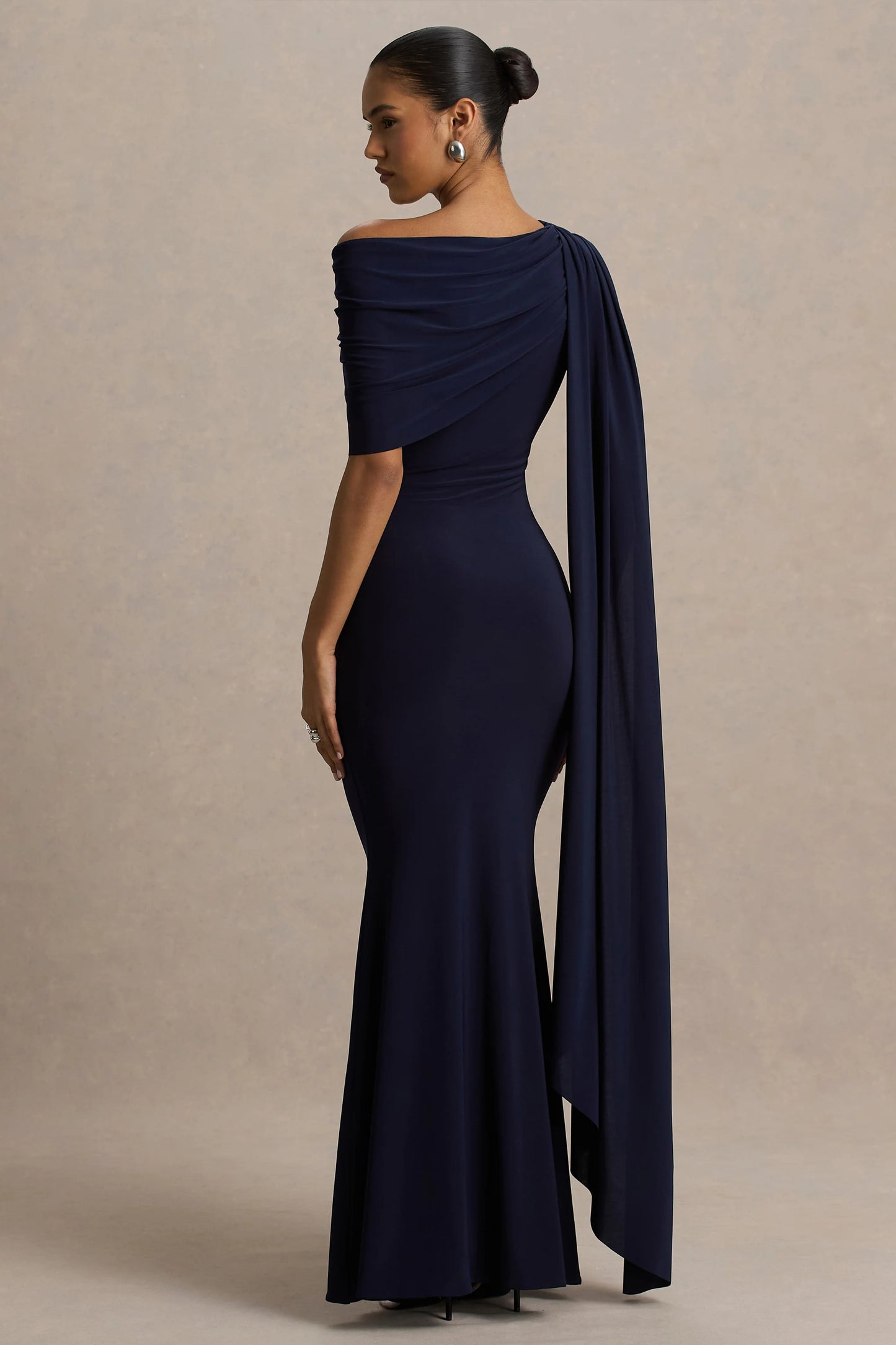 Tiana Navy Asymmetric-Neck Maxi Dress With Drape-Detail