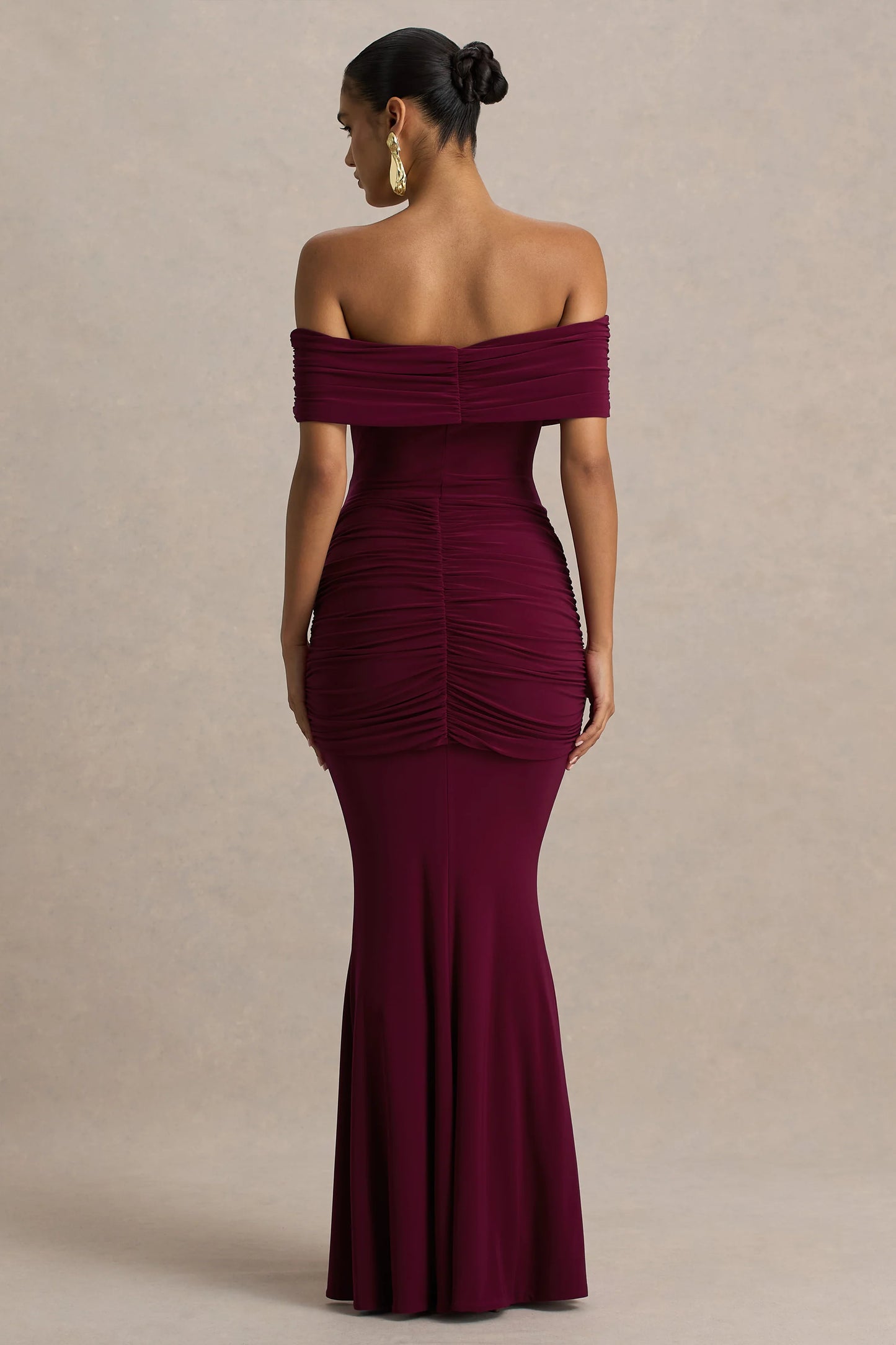 Envisioned Burgundy Bardot-Neck Maxi Dress With Gathered And Drape Detail