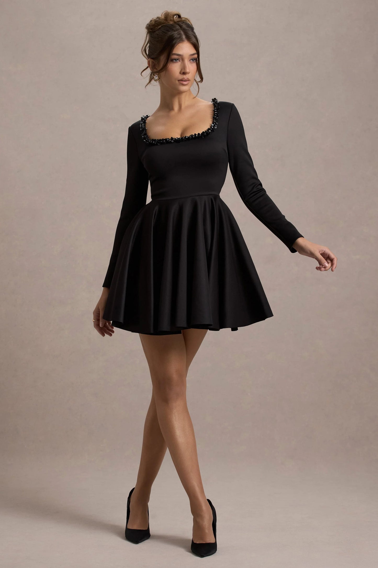 Wilder Black Embellished Square-Neck Long-Sleeve Skater Mini Dress