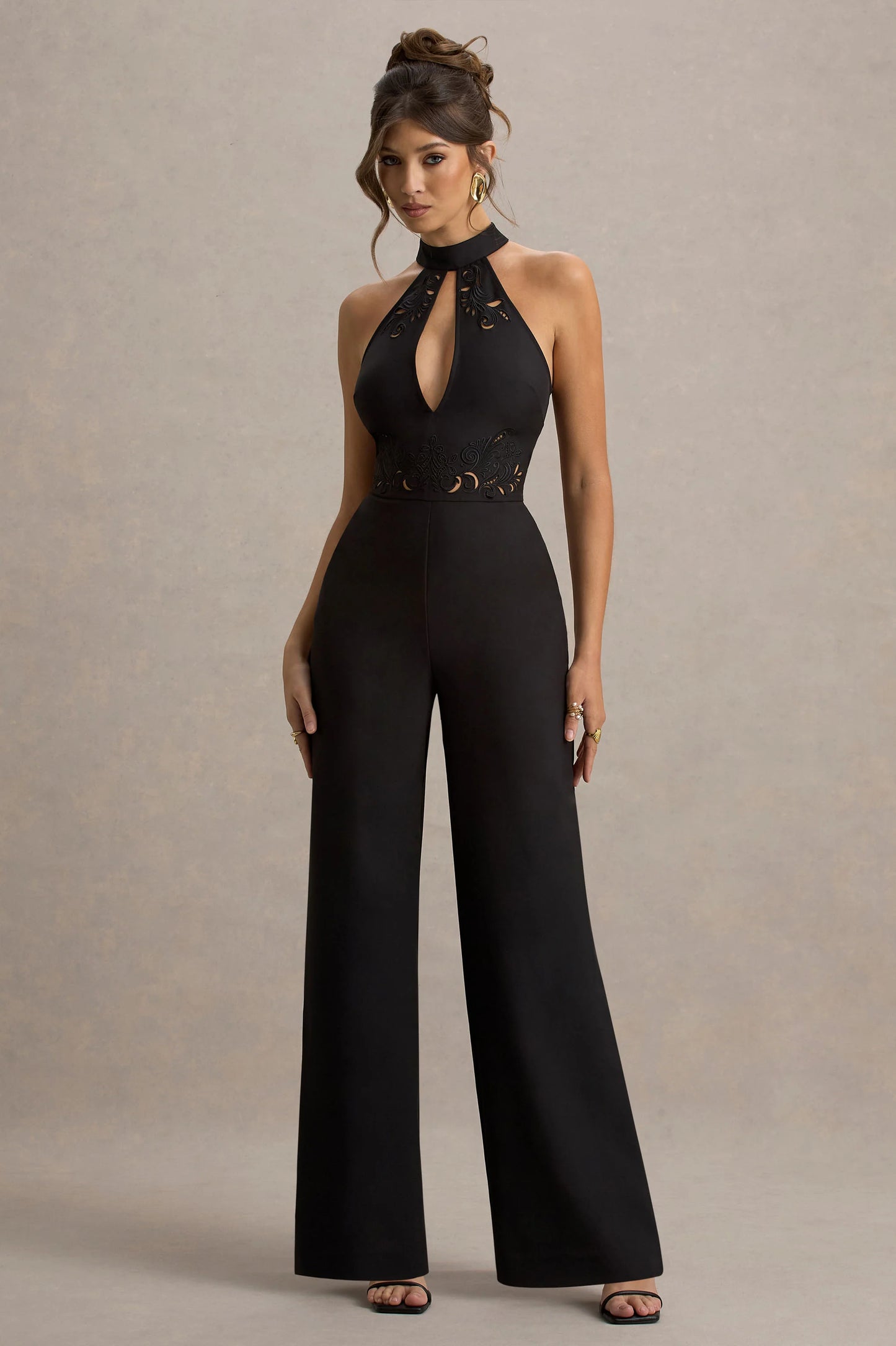 Kami Black High-Neck Embroidered Jumpsuit