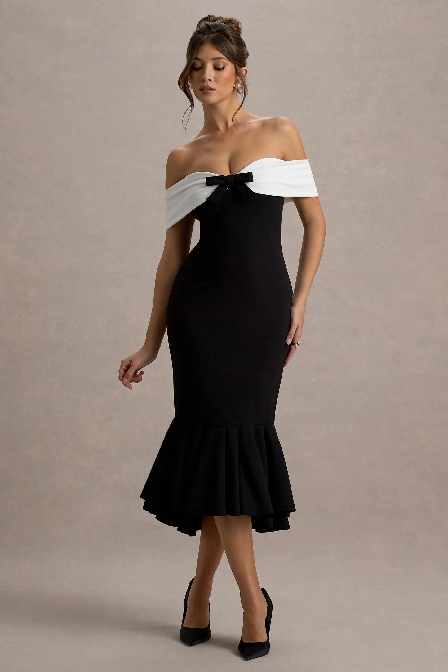 Corola Black & White Bardot Volume-Hem Midi Dress