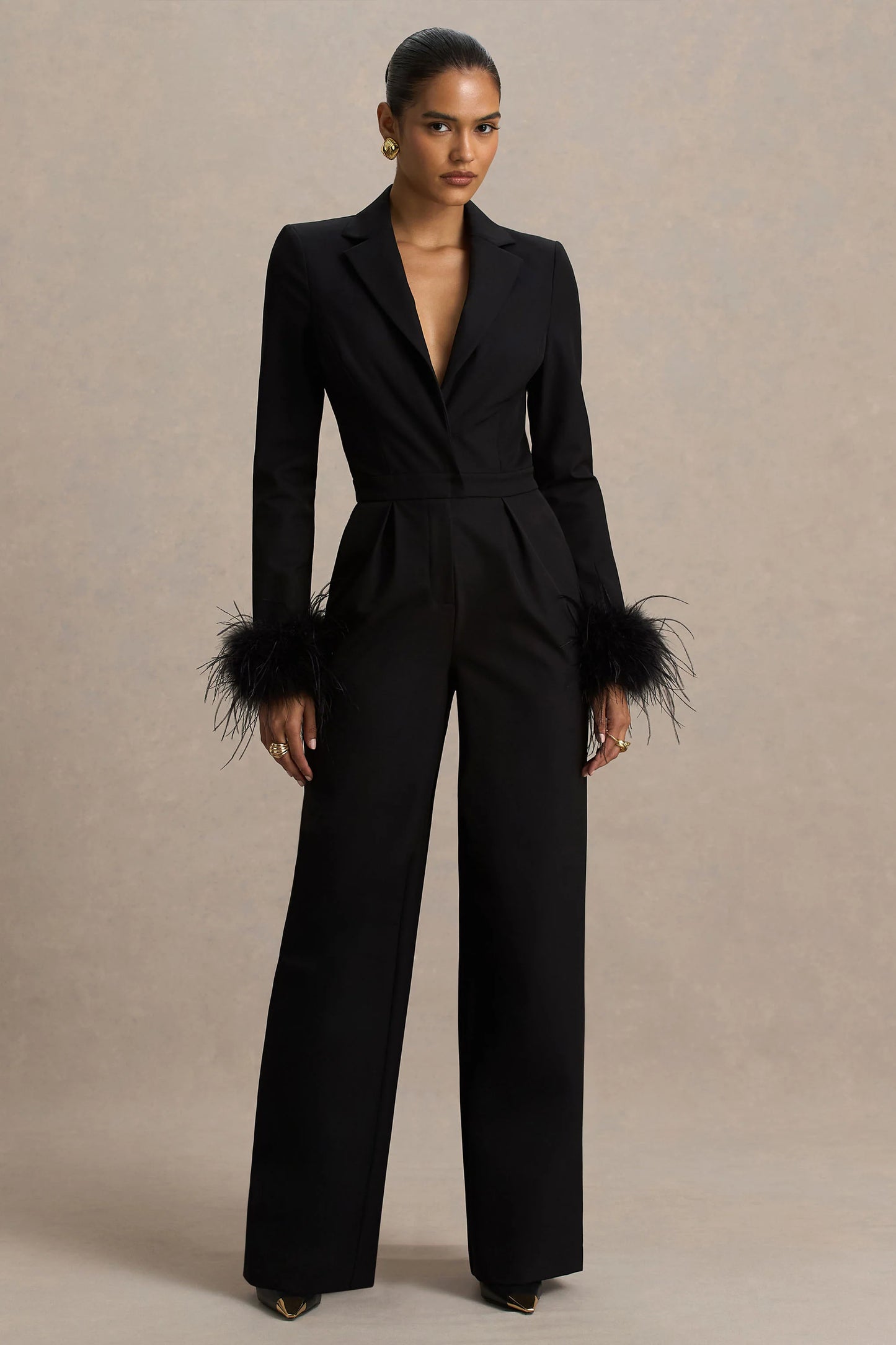 Lissy Black Plunge-Neck Jumpsuit With Feather-Detailed Sleeves