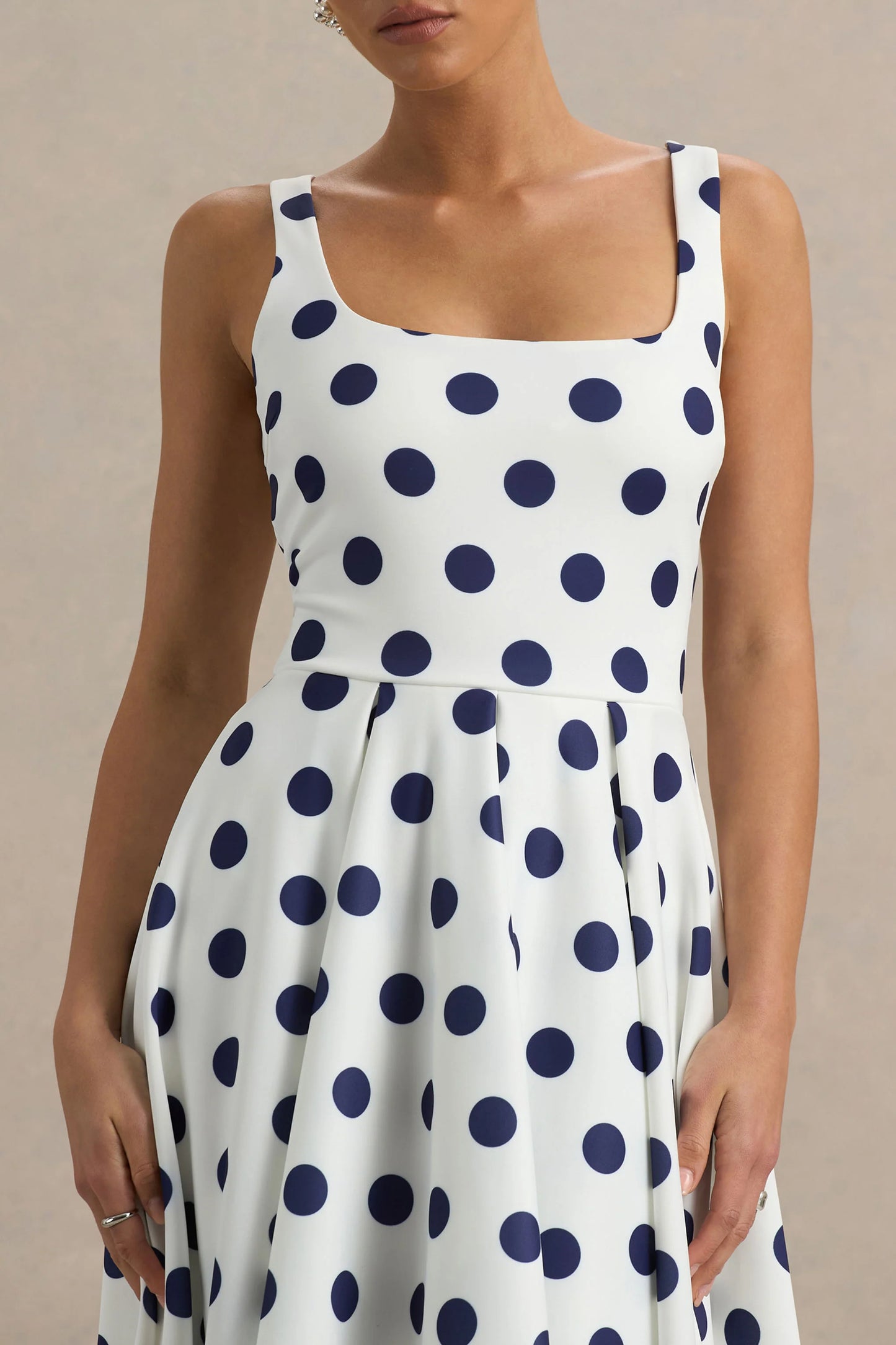 Berta White And Navy Polka-Dot Square-Neck Midi Dress