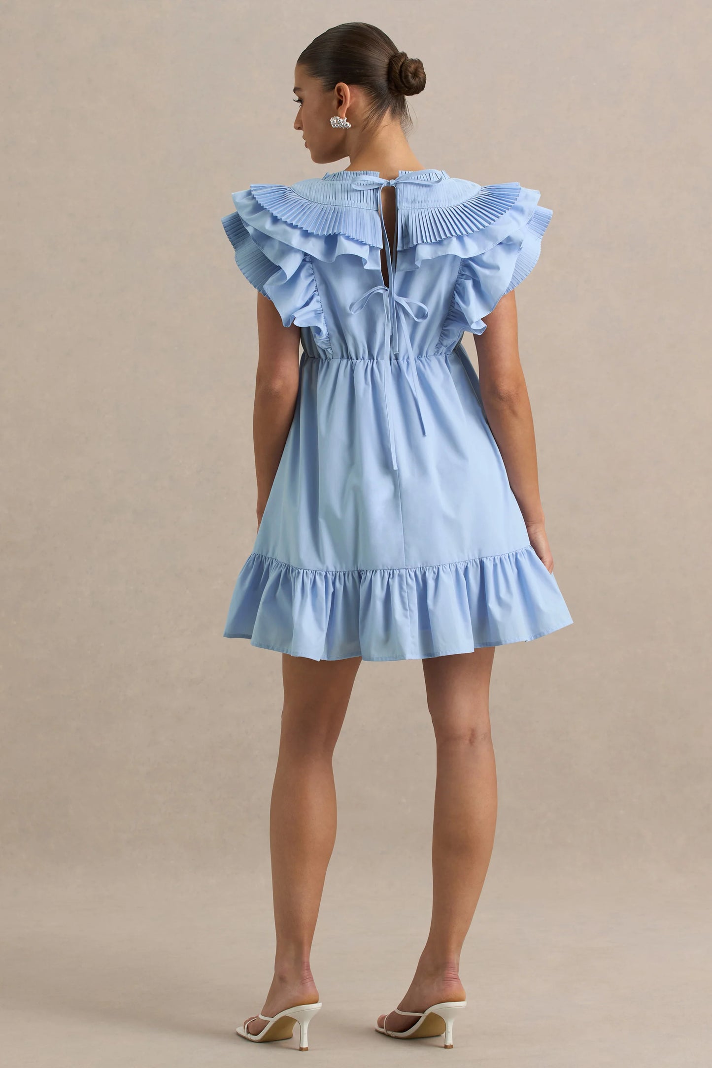 Judie Blue Poplin V-Neck Ruffled Mini Dress