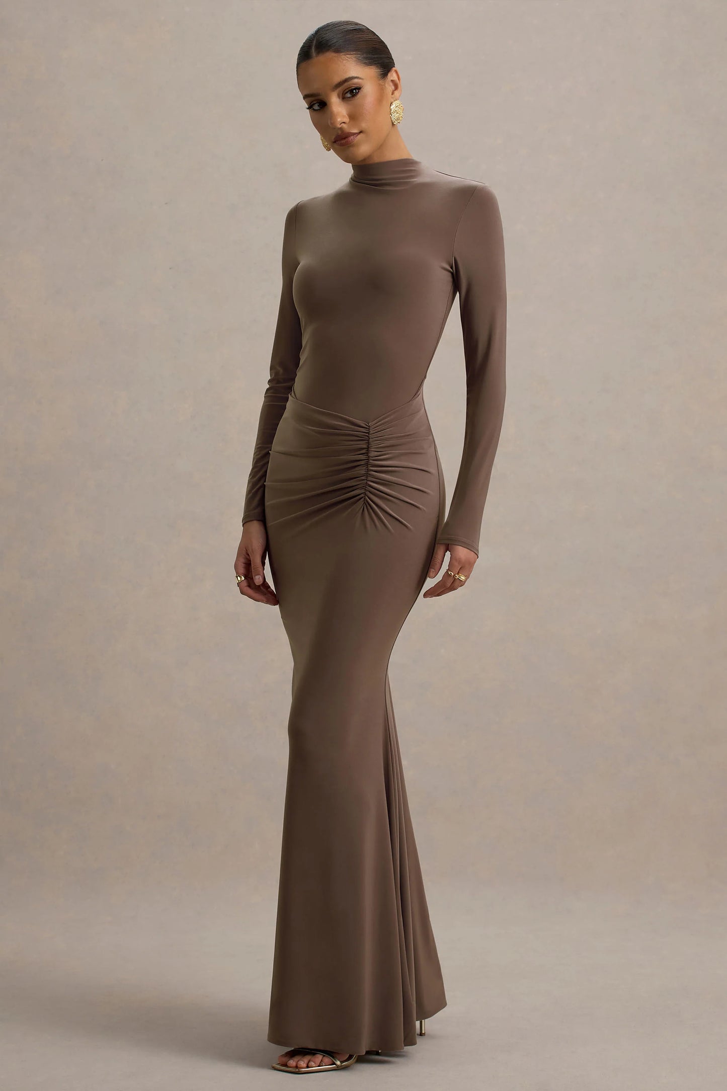 Reid Brown Long-Sleeve Gathered Maxi Dress