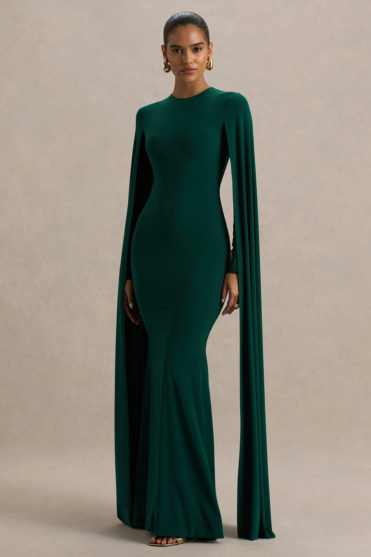 Isla Bottle Green Crew-Neck Maxi Dress With Cape Sleeve