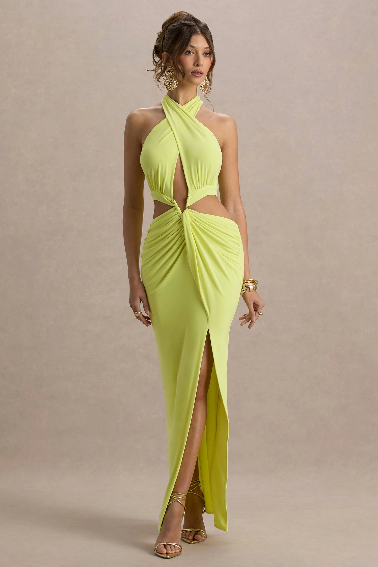 Aura Lime Green Halter-Neck Cut-Out Split Maxi Dress