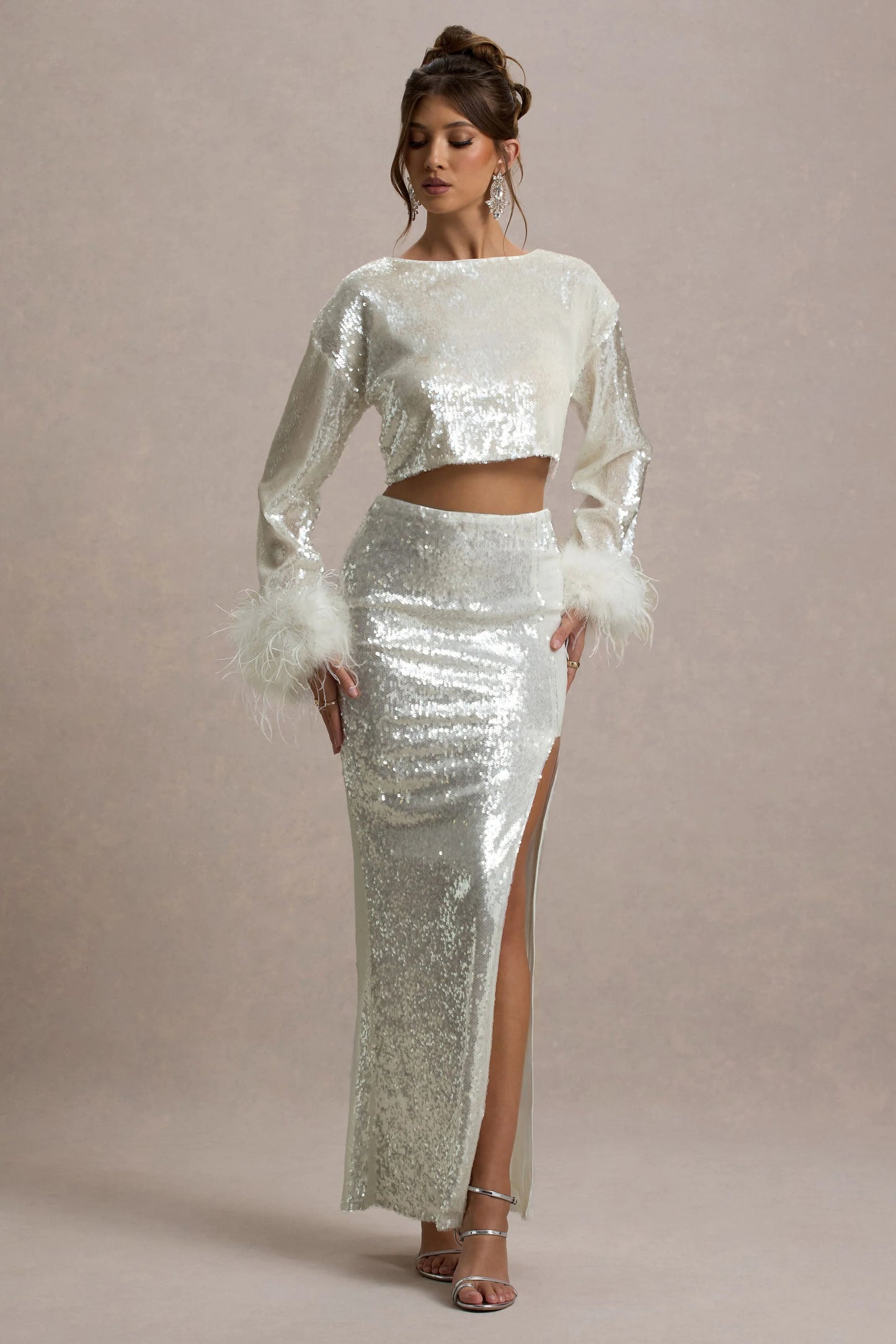 Solita Sand Sequin Long-Sleeve Crop Top With Feather Trim