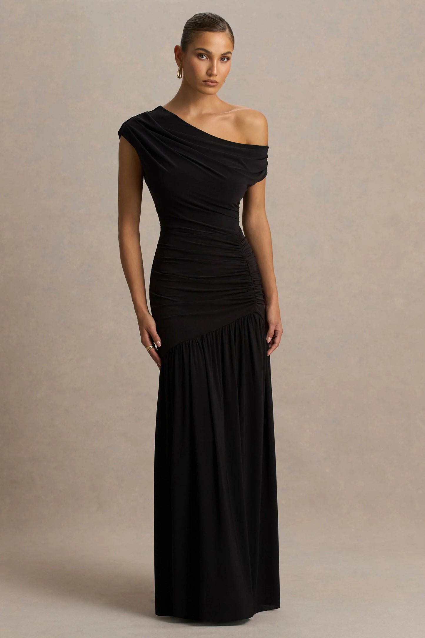 Kady Black Asymmetric-Neck Maxi Dress With Ruched Detailing and Front-High Split