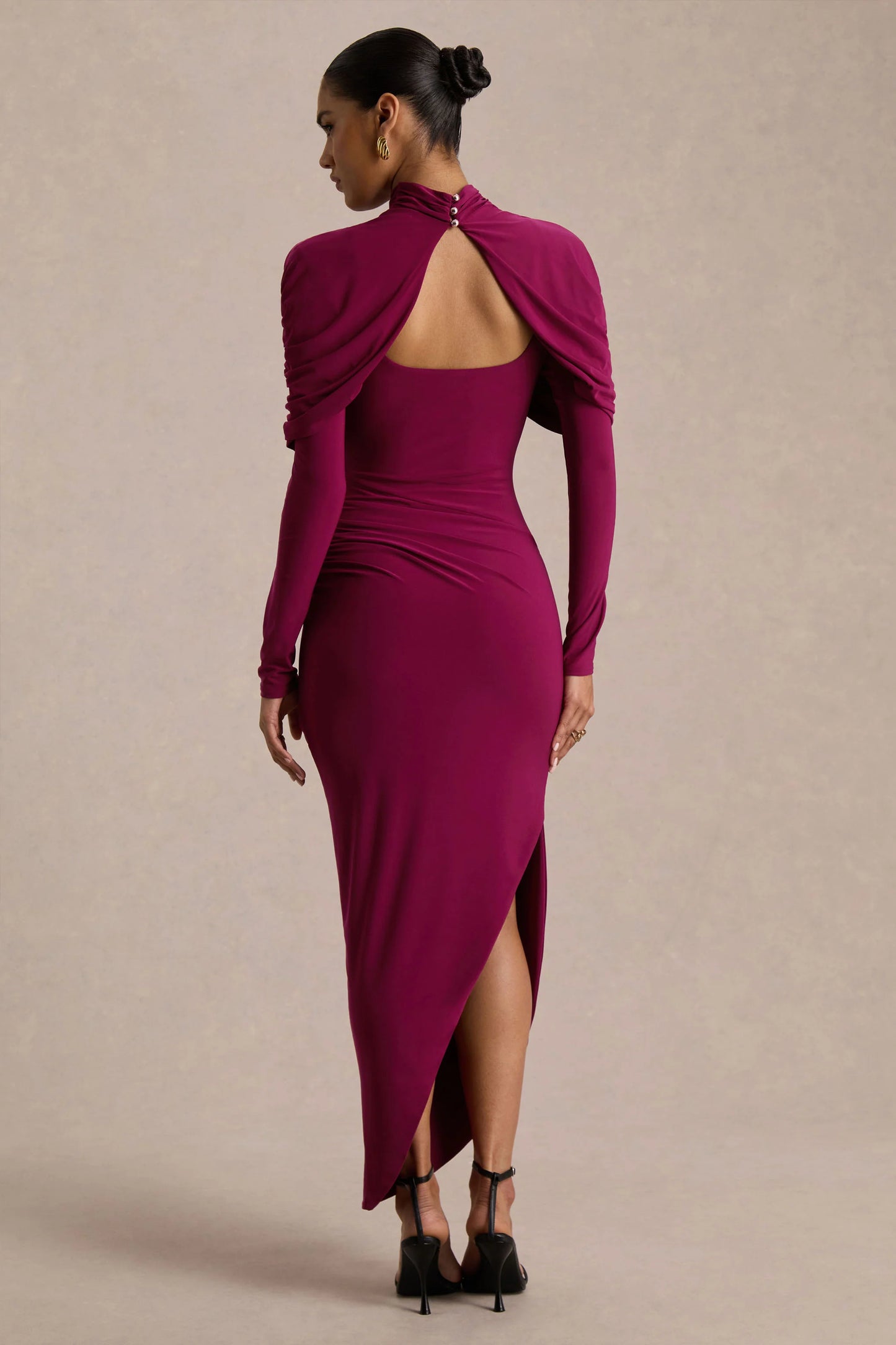 Aneira Burgundy High-Neck Maxi Dress With Cape Sleeves