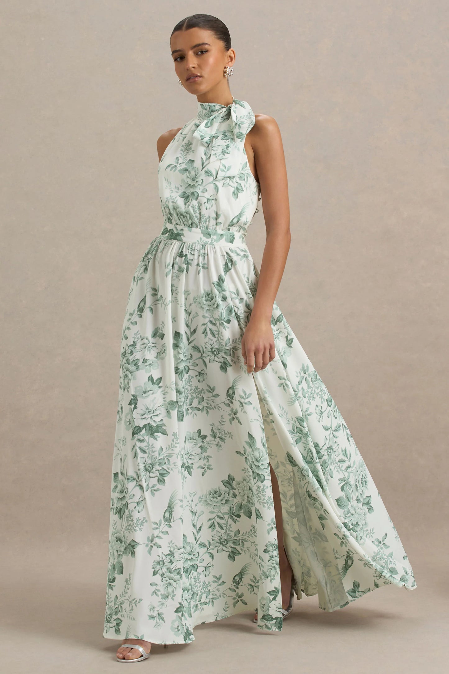 Talia Green Floral Print High-Neck Maxi Dress With Front High Split