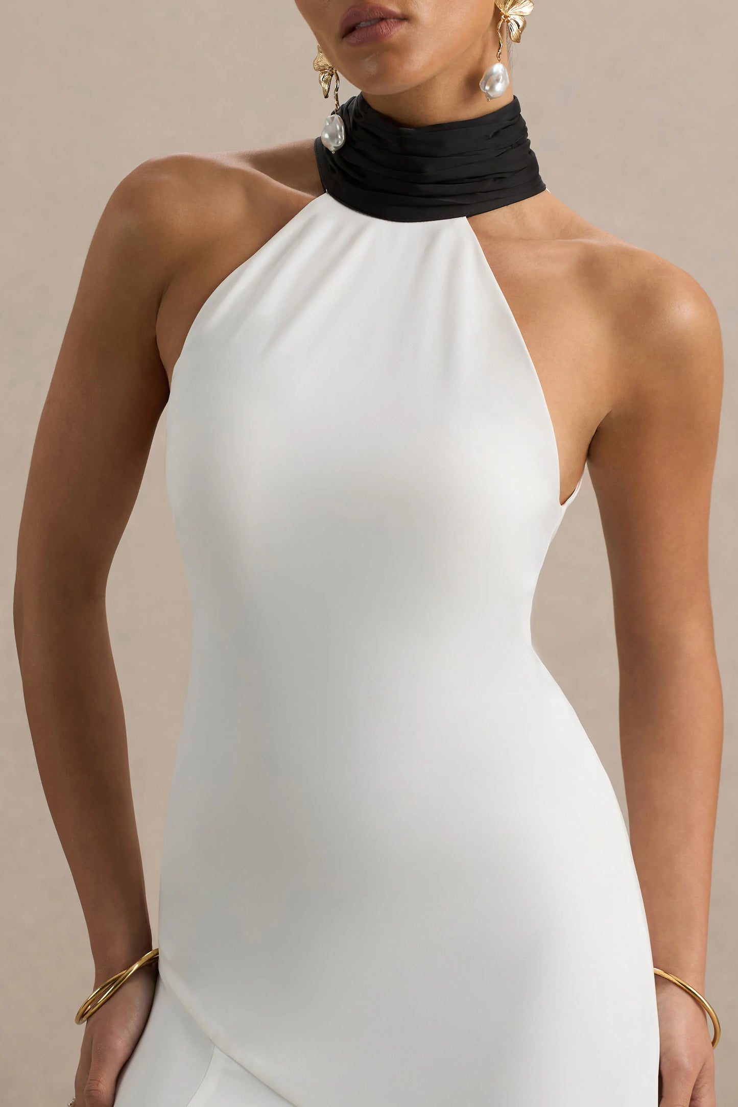 Luscious White And Black High-Neck Maxi Dress With Drop-Waist And Bow Detail