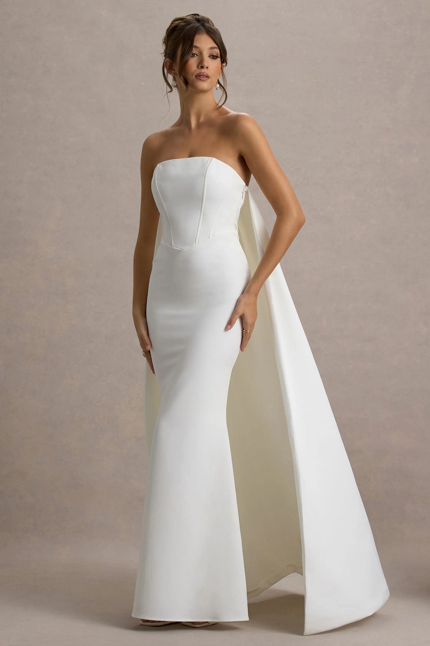She's Trouble White Bandeau Maxi Dress With Cape
